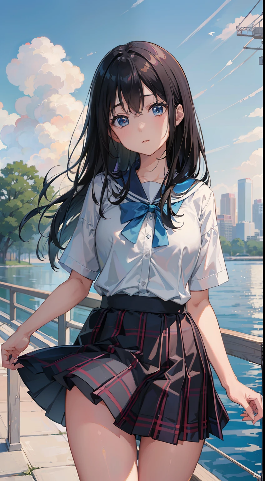 (8K、Raw photography、top-quality、​masterpiece:1.2)、Illustration Touch、ultra-detailliert、超A high resolution、***1人、bicycle、gloss々Na black hair、azure eyes、River、High school students、校服、plaid skirts、rides a bike