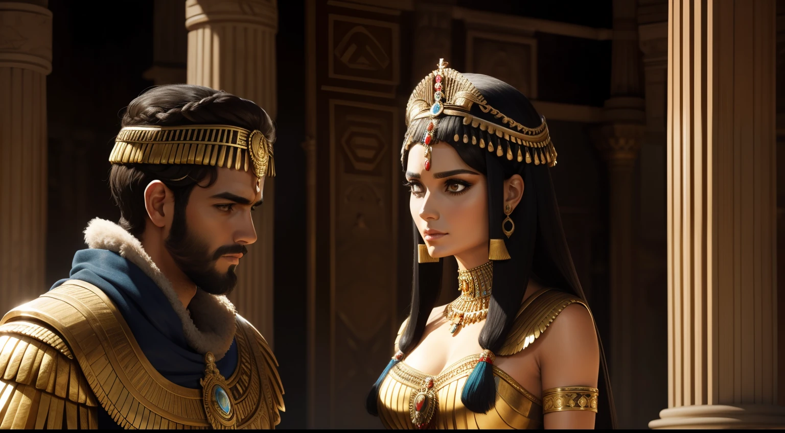 Show Ra's fury when he learns about the Egyptians plotting to rebel against him. Depict his powerful and imposing presence as he confronts his daughter Hathor.