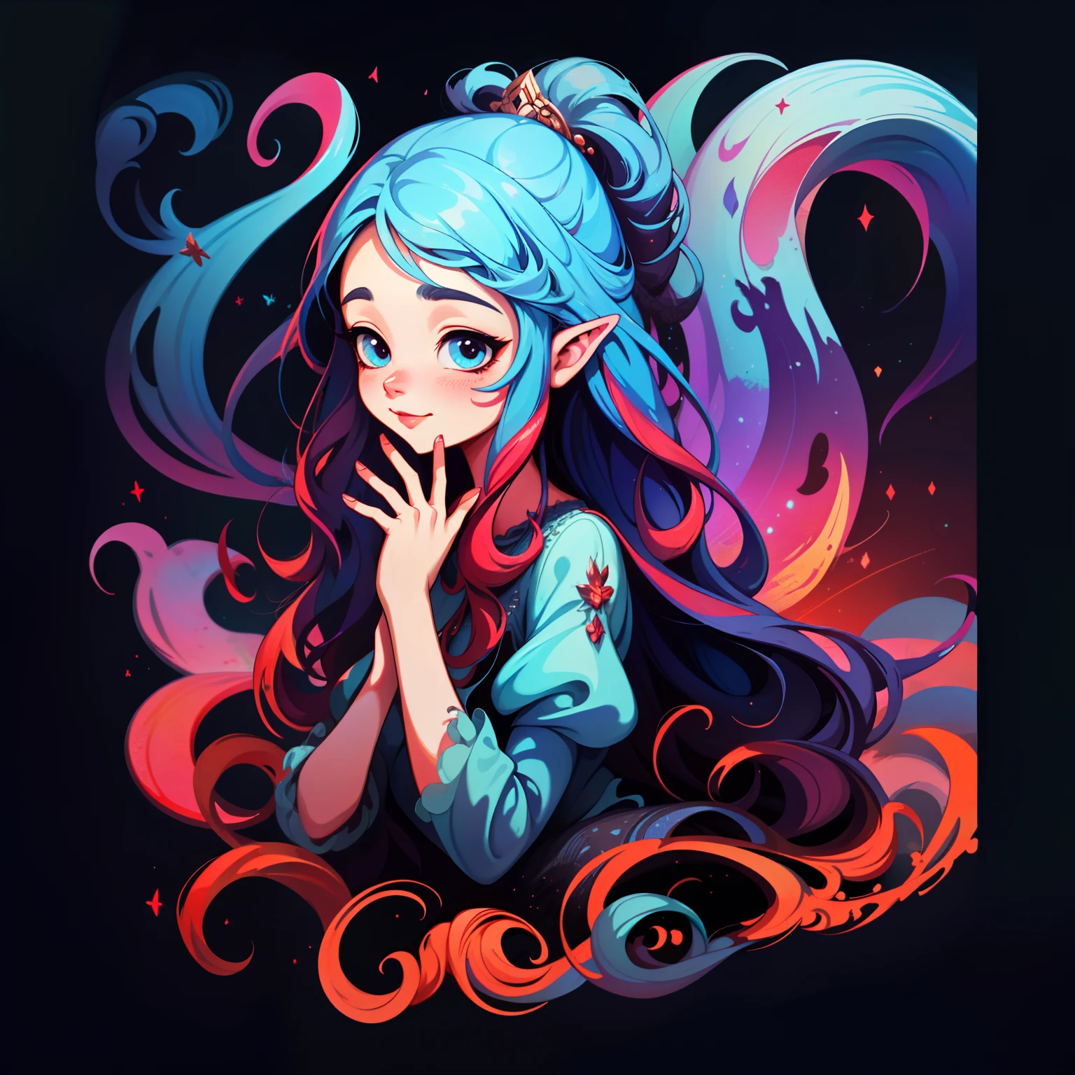 adesivo, fundo simples, retrato, girl with long hair, smilling girl, beautiful fairy girl, fairy aesthetic, beautiful girl, very beautiful fantasy art, beautiful and elegant female fairy, beautiful detailed fantasy, red and blue color palate, red color-theme
