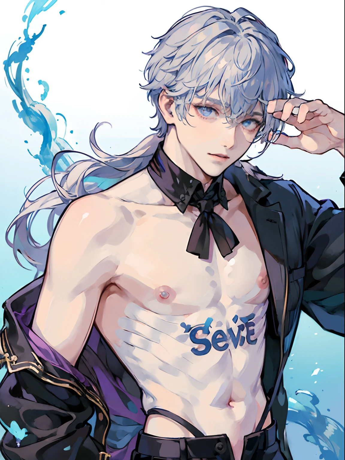 1boy,10 talents、(Man's :2) ,Handsome boy,Long silver hair、Collar,tattooed、barechested、starrysky 、sand beach、Back lighting、the chaos、fantastic landscape、absurderes、hightquality、masutepiece,8K,NSFW,