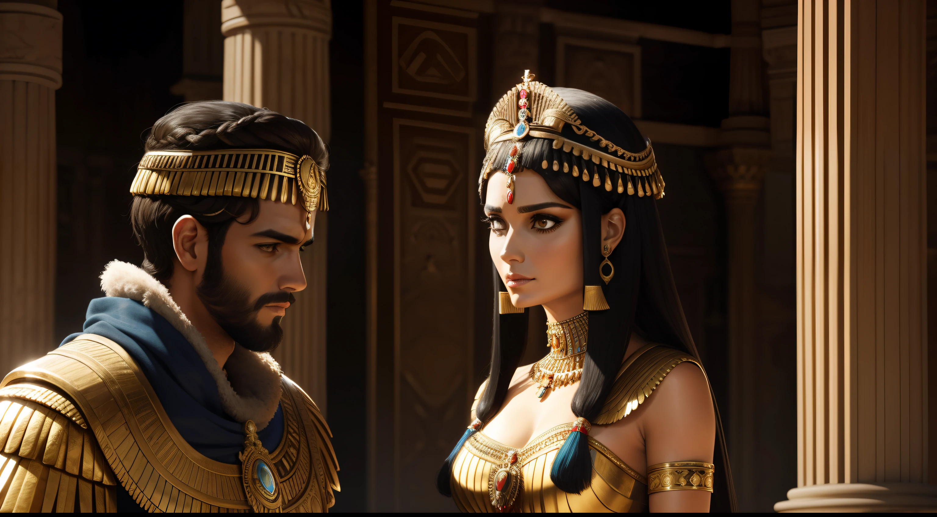 marco antonio com barba e cabelo curto e cleopatra (apenas o rosto)