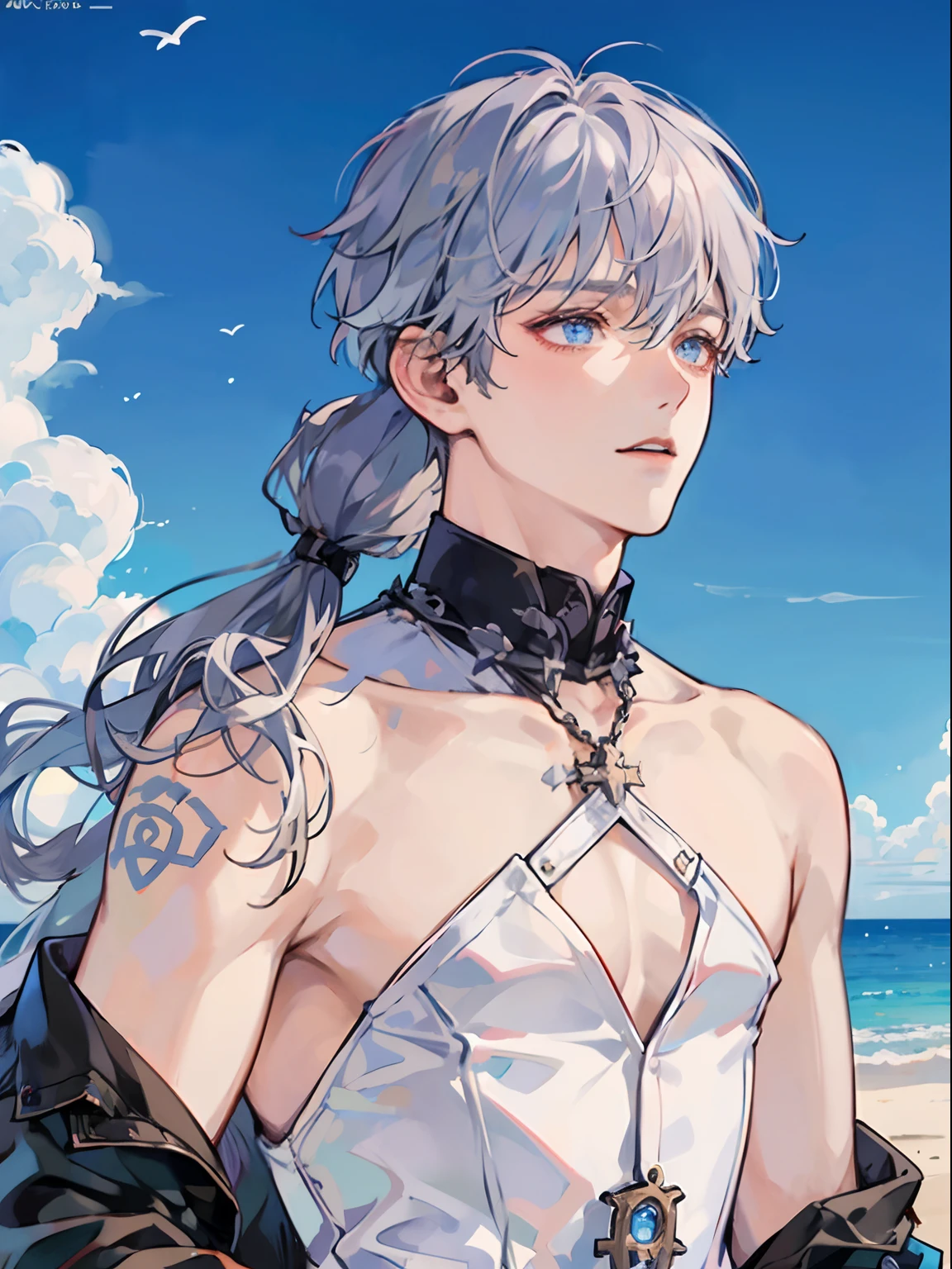 1boy,13 only、(Man's :2) ,Handsome boy,Long silver hair、Collar,tattooed、fullnude、starrysky 、sand beach、Back lighting、hightquality、masutepiece,8K,NSFW,