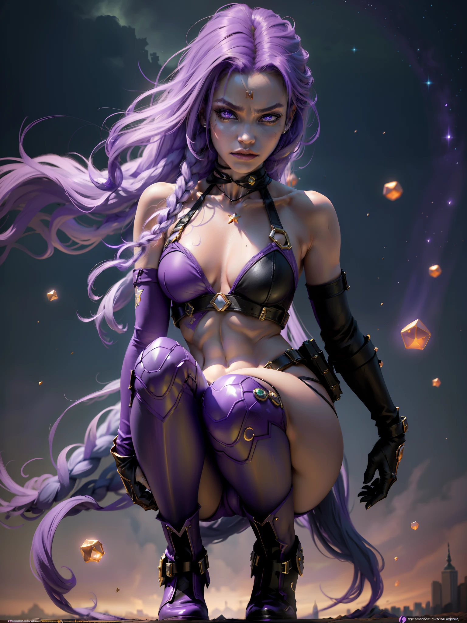 (New York :1.5), (tiem square :1.5)Starfire, whose real name is Koriand'r, is a DC Comics character and member of the Titans. She is an alien from the planet Tamaran and has a unique physical appearance and perfect clear pretty face: Physical appearance: Koriand'r has an exotic appearance and physical characteristics that distinguish her as a Tamaranean: Skin color: Her skin is orange, a reddish tone and orange characteristic of their alien race. This is a notable feature that makes it easily recognizable. HAIR: Koriand'r has long, wavy purple or violet hair that falls to her shoulders or back. Eye: Her eyes are usually portrayed as green, and they can emit a green glow when she uses her powers. Height and Physical Shape: She is tall and slender, with an athletic figure that reflects her superhuman strength and ability to fly. Typical outfit: Starfire's costume is quite iconic and reflects her alien origin and star powers: Bodysuit: She wears a bodysuit that covers her entire body. The costume is usually in (purple or black color :1.5) and has star-style details in green or gold. The bodysuit is often decorated with a star on the chest, which is a striking feature. Boots and Gloves: Starfire wears knee-high boots and gloves that match her look. These boots and gloves also often have stellar details, like stylized stars or sparkly patterns. Shovels: She usually wears a belt that can be decorated with a star as a buckle. hair: she usually wears her hair long, which adds an additional touch of exoticism to her look. (Minimal clothing: 1.5), (large breasts: 1.3), (hanging breasts: 1.5), (disproportionate breasts: 1.4), (realism:1.5), (Realisitc:1.4), (Absurd:1.4), 8k, ultra- detailed, detailed handsome man, (only:1.4), 1girl, (Viewer facing:1.2), Intricate body details, (Curvy:1.3),(short:1.3