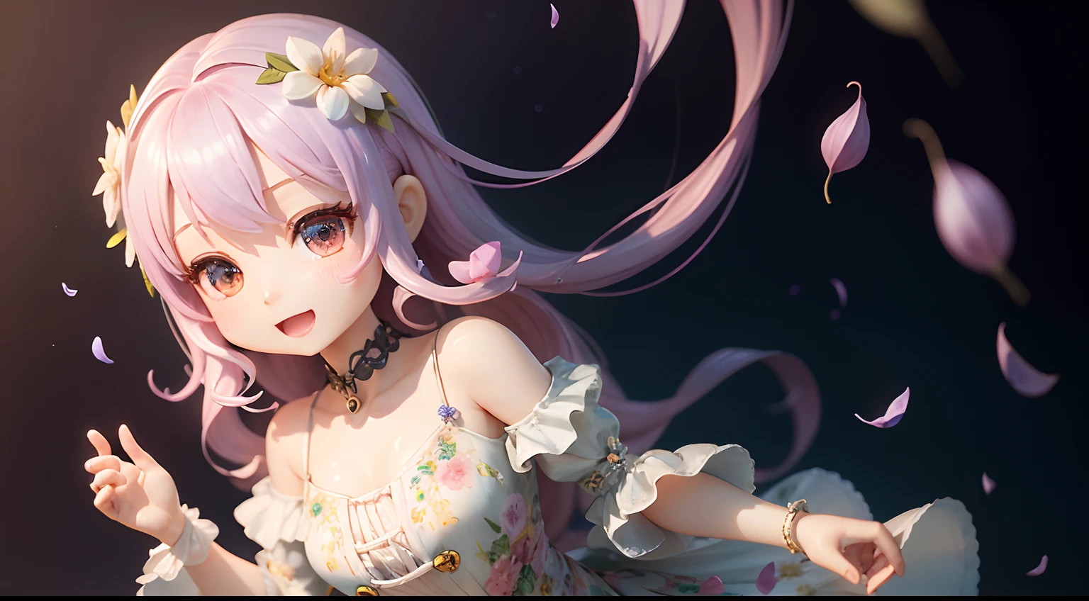 photoRealstic、2 Humanoid(nendroid)、Open mouth and big smile、watercolor Nendoroid、(High Definition Figure)、Flowing iridescent silk、Floral dress、Casually add a heart shape to a picture、There are also flowers in front of the nendroids、flower petals