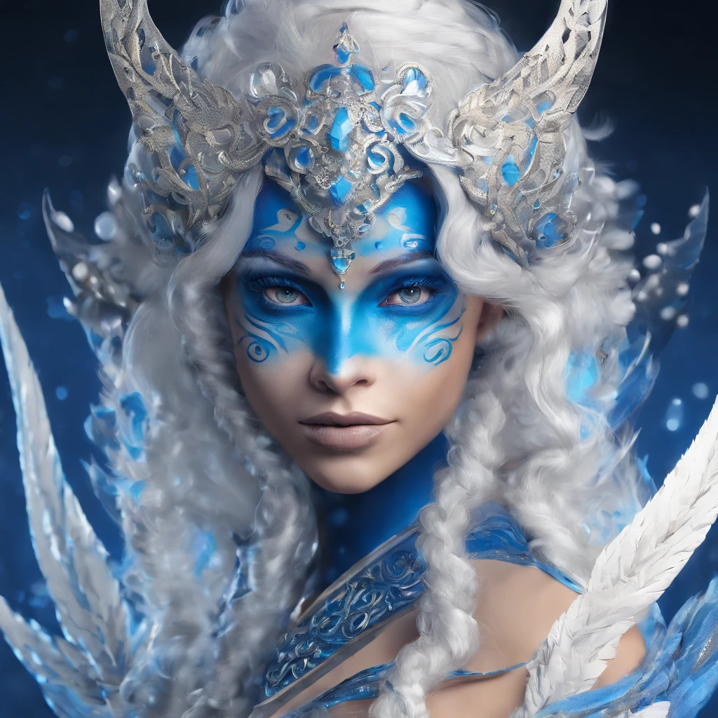 1werewolf alfa masculino, pele azul, tatuagem azul, tatuagem tribal, azul e branco, (((olho azul))) fundo escuro, bondade, (amedrontador), luz ilimitada, octano render, Gorgeous features, olhos lindamente detalhados, pele intrincada, (pelo azul), rosto detalhado, textura de pele perfeita, detalhes extremos, close-up view, cinematic lighthing, profesional lighting, centrado, looking-into-camera, 8k, tiro com Hasselblad X1D-50, Maximum focus, profundidade de campo, perfect lighting, light particules, (melhor qualidade), (obra-prima), (ultra detalhado), foco nítido, light particules