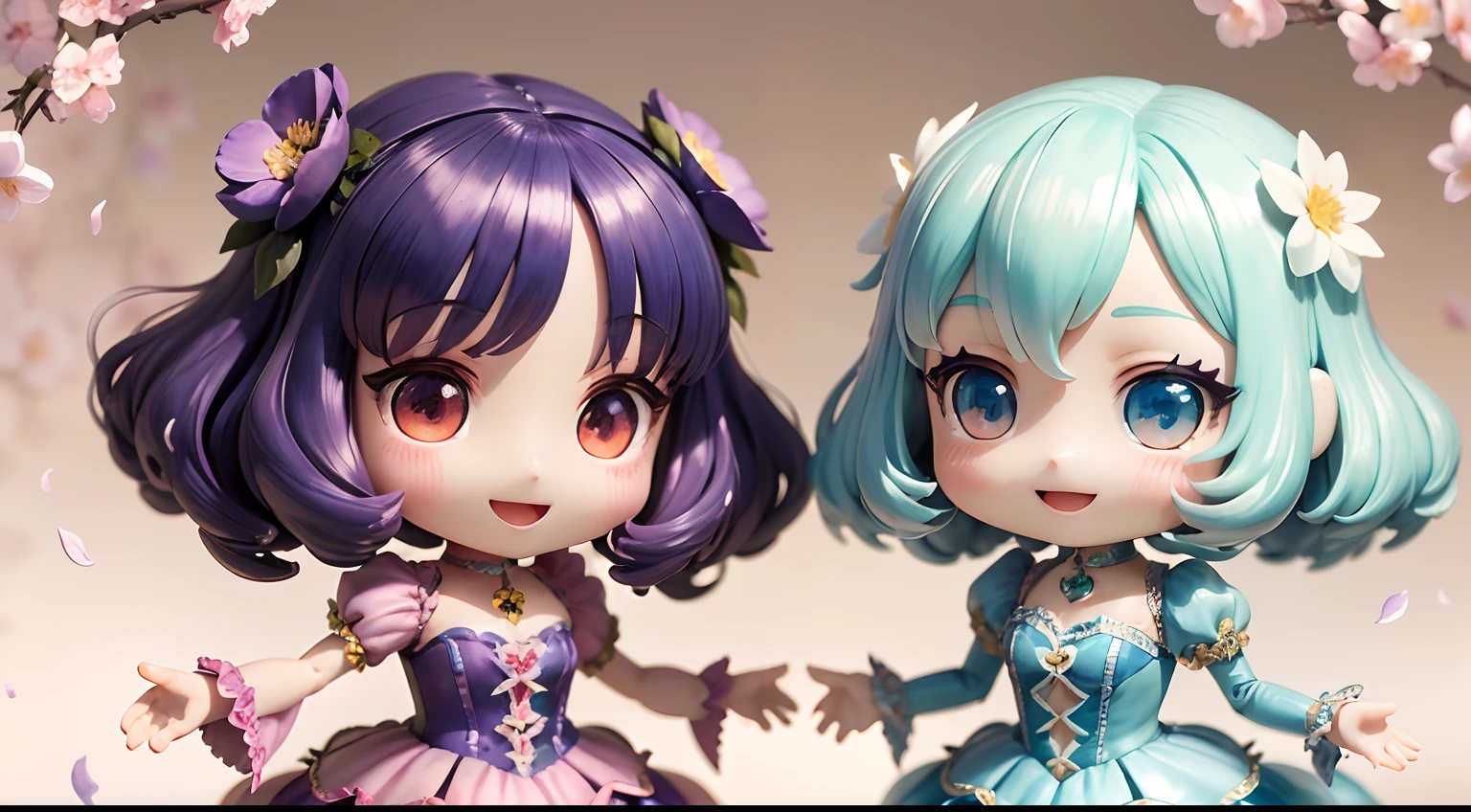 photoRealstic、Humanoid 2 bodies(nendroid)、Open mouth and big smile、watercolor Nendoroid、(High Definition Figure)、Flowing iridescent silk、Floral dress、Putting Hands Together to Make a Heart、Add a heart shape、There are also flowers in front of the nendroids、flower petals