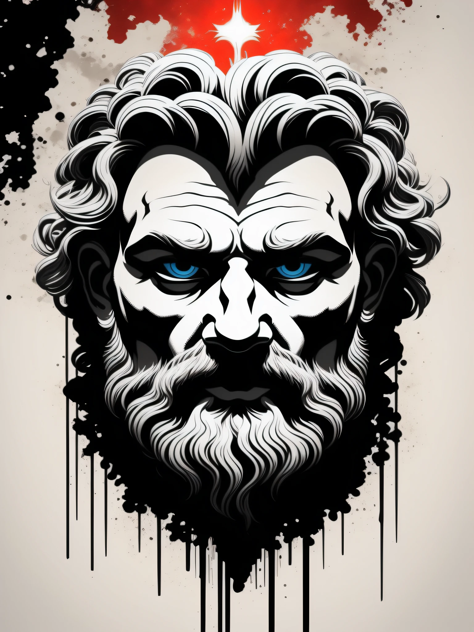 Zeus, arte da camiseta, 2D, ((fundo branco :1, 5)), vetor, vivid colors, master part, best quality, detalhes intrincados, perfect symmetrical face, Realistic details, gothic theme, Anel luminoso, fora, cinematic shading, Greg Rutkowisk