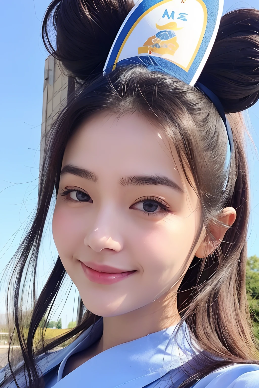 (extra detailed body、extra detailed face、best qualtiy:1.2)、femele、looking at the viewers、(nurse、Beautuful Women、kindly smile)、(Blue sky in the background:1.4)