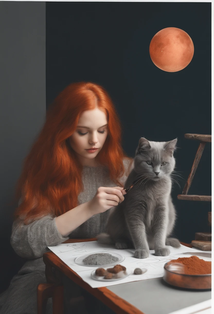 Red-haired girl drawing gray cat with palette on extinct Mars