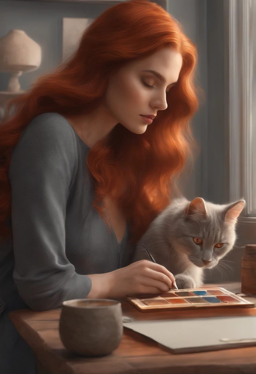 Red-haired girl drawing gray cat with palette on extinct Mars