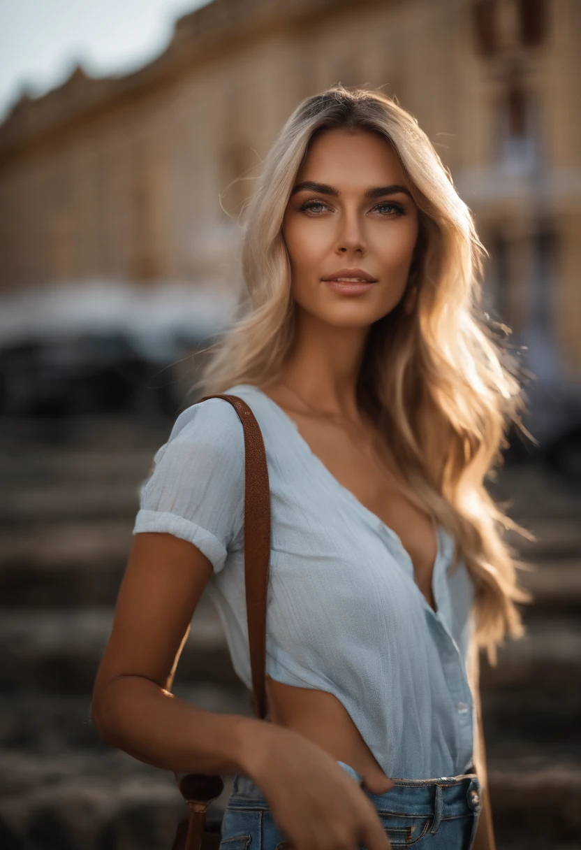 (Selfie, Vista superior: 1.4), (mitad recta del cuerpo: 1.4), RAW uhd portrait photo of a 21 year old blonde (Mujer de ojos azules) Caminando por la ciudad, edificios, (falda), (blusa), Detalles (Texturas! , cabello! , brillar, Color!! , Desventajas: 1.1), ojos brillantes con alto detalle (Looking at the camera), SLR lighting, SLR camera, Ultra calidad, agudeza, Profundidad de campo, Film grain (centro), Fujifilm XT3, Cristalina, Centro del marco, Cara hermosa, foco nítido, farola, Neon lighting, Bokeh (Poca luz), Noche, (atardecer), poros detallados de la piel, piel grasa, quemadura, Detalles oculares complejos, cuerpo completo, ((senos normales))