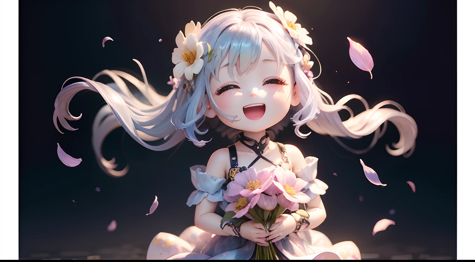 photoRealstic、1 Humanoid(nendroid)、Open mouth and big smile、watercolor Nendoroid、(High Definition Figure)、Flowing iridescent silk、Floral dress、Subtly add a heart shape to a photo、There are also flowers in front of the nendroids、flower petals