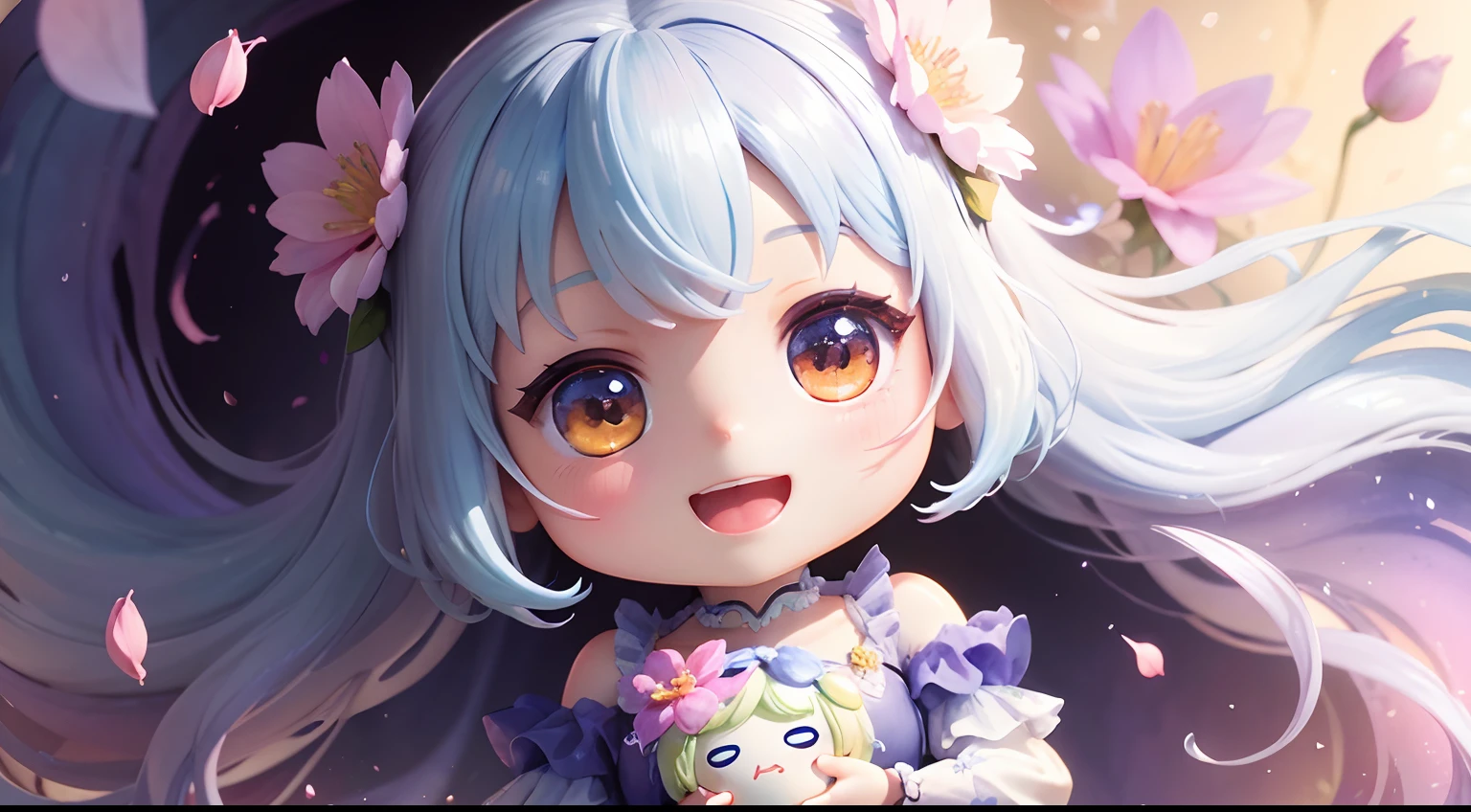 photoRealstic、1 Humanoid(nendroid)、Open mouth and big smile、watercolor Nendoroid、(High Definition Figure)、Flowing iridescent silk、Floral dress、Subtly add a heart shape to a photo、There are also flowers in front of the nendroids、flower petals