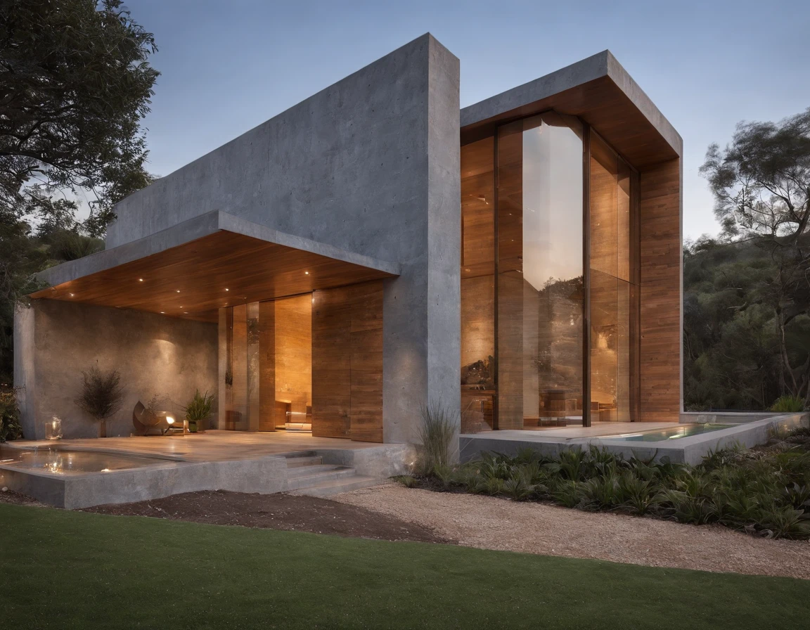 African symbols, casa um andar above collun de com15m2, com telhado estilo cabana alpina, with sustainable architecture with precast elements in steel structure with apparent irons, com a frente orientada pela fachada. moderno, Minimalist and organic design, with the work of bright bricks amaizing white and random gray degrade on the walls, com grandes janelas e portas pretas que permitem que a luz natural entre na casa e quintal com gramado exuberante lot arvores, sustentabilidade, tecnologia do futuro, architectural creativity, nova cultura, Self-sufficiency, The golden ratio, a beautiful building in the middle of the image, um fundo desfocado, a building, espalhar, cores naturais, cores calmas, master part, arte, BETTER RESOLUTION