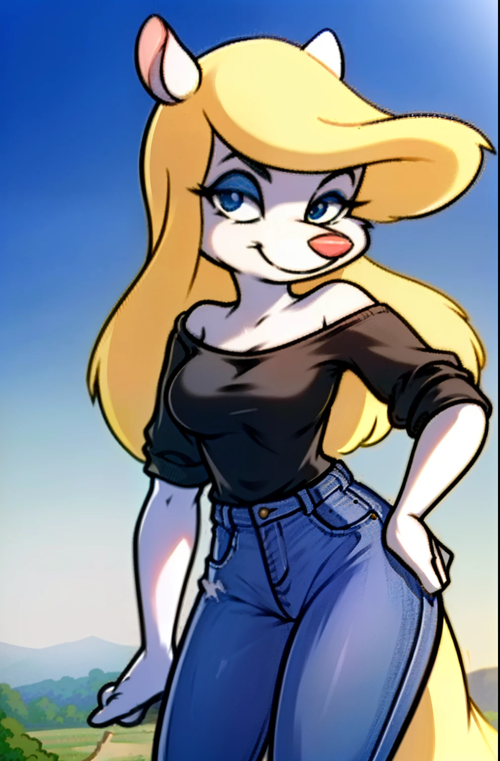 1girl, MinervaMinkCzar,(peludo, furry female, corpo inteiro), (orelhas de animais, cauda longa, cauda loira, focinho, franja varrida, cabelo longo, cabelo loiro, maquiagem, olhos pretos, sombra azul),camiseta pequena, Denim Jeans Pants, botas altas, (obra-prima:1.2), contrata, (rosto detalhado:1.2), (olhos detalhados:1.2), pele perfeita, ultra-highresolution, 8K, alta qualidade, (foco clear: 1.2), limpo, clear, cinemactic,
