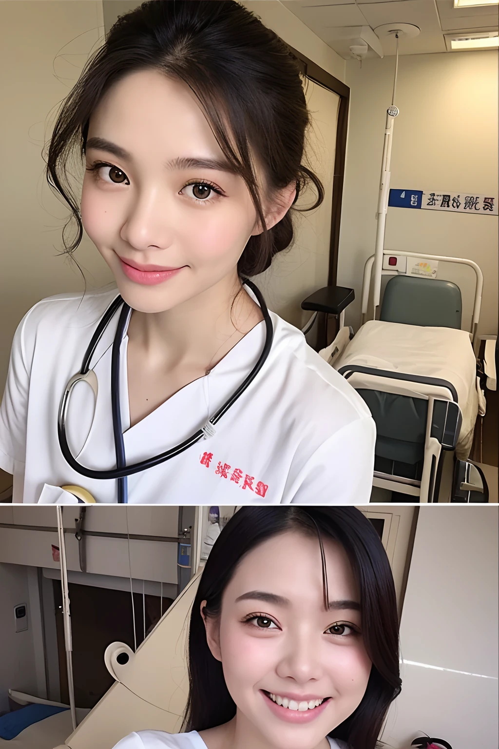 (extra detailed body、extra detailed face、best qualtiy:1.2)、femele、looking at the viewers、(nurse、a smile)、(Hospital room in the background:1.4)