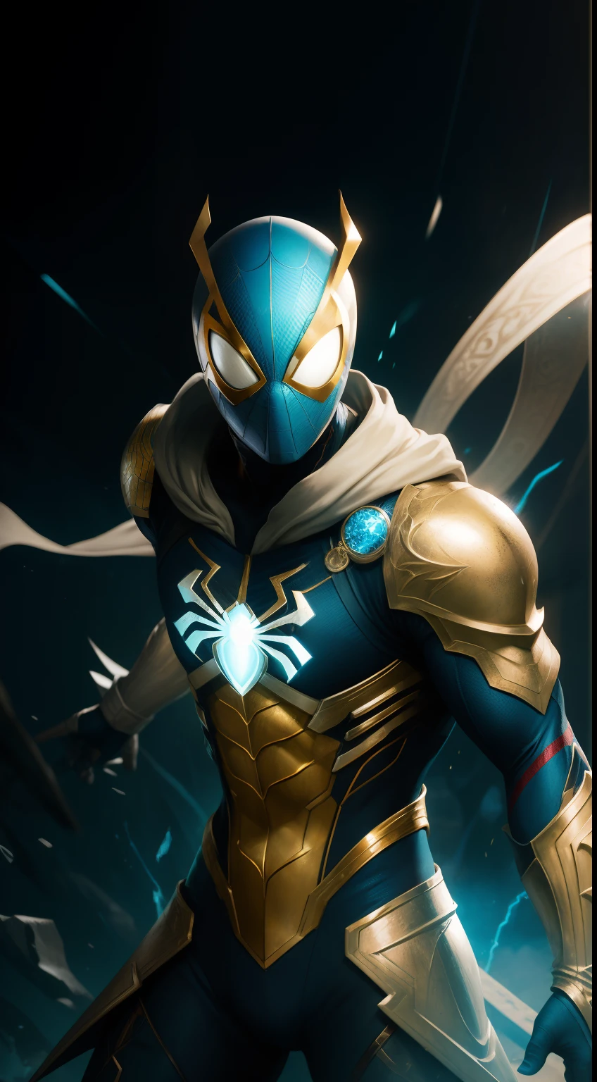 Profesional, HDR, impactante obra de arte, persona con un disfraz, rossdraws global illumination, cinematic render unreal engine, Spider-Man azul y amarillo, plata blanco y dorado, (predomine el color plata; 1.3)), ((golden symbol)), ( golden symbol: 1.7), armadura sucia, Destacado en CG Society, Armadura de cuero azul, Nuevo personaje, white lighting, action pose, pose de combate agregar efecto al final