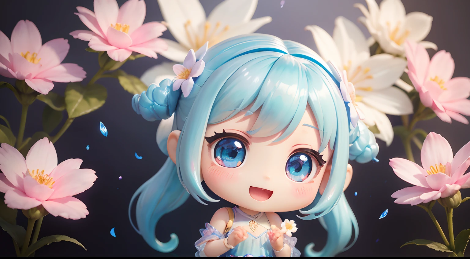 photoRealstic、1 Humanoid(nendroid)、Open mouth and big smile、watercolor Nendoroid、(High Definition Figure)、Flowing iridescent silk、Floral dress、Subtly add a heart shape to a photo、There are also flowers in front of the nendroids、flower petals