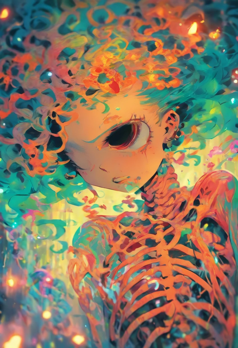um close up de uma mulher com cabelos longos e um corpo de esqueleto, Loish |, estilo de arte sinistro e sombrio, estilo de arte sinistro, estilo de arte Loish, dark illustration, arte assombrosamente bela, menina do esqueleto, estilo de arte escuro, escamas cobrindo seu peito, ribcage, menina necromancer bonita, Inspirado em Loish, arte detalhada assustadora em cores