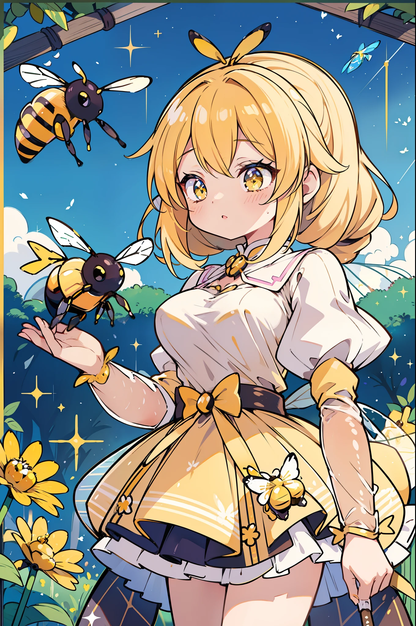 masterpiece, best quality, ultra detailed, beautiful shading, cinematic ligthing, medium breasts, vintage anime magical girl, sparkly, bee girl, wand, (bee:1.5), bee suit, yellow with black stripes, bee hive, honeypastel pink sleeves, yellow details,