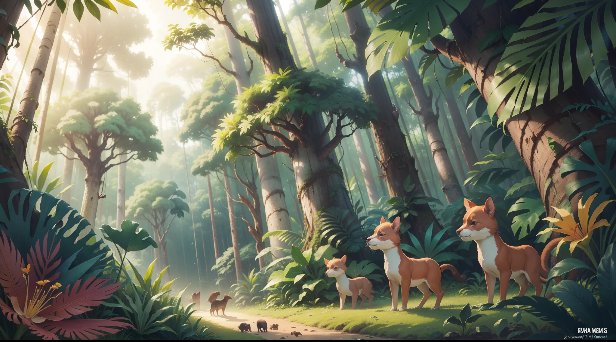 A vast tropical forest with tall trees, colorful flowers, and curious animals watching from a distance