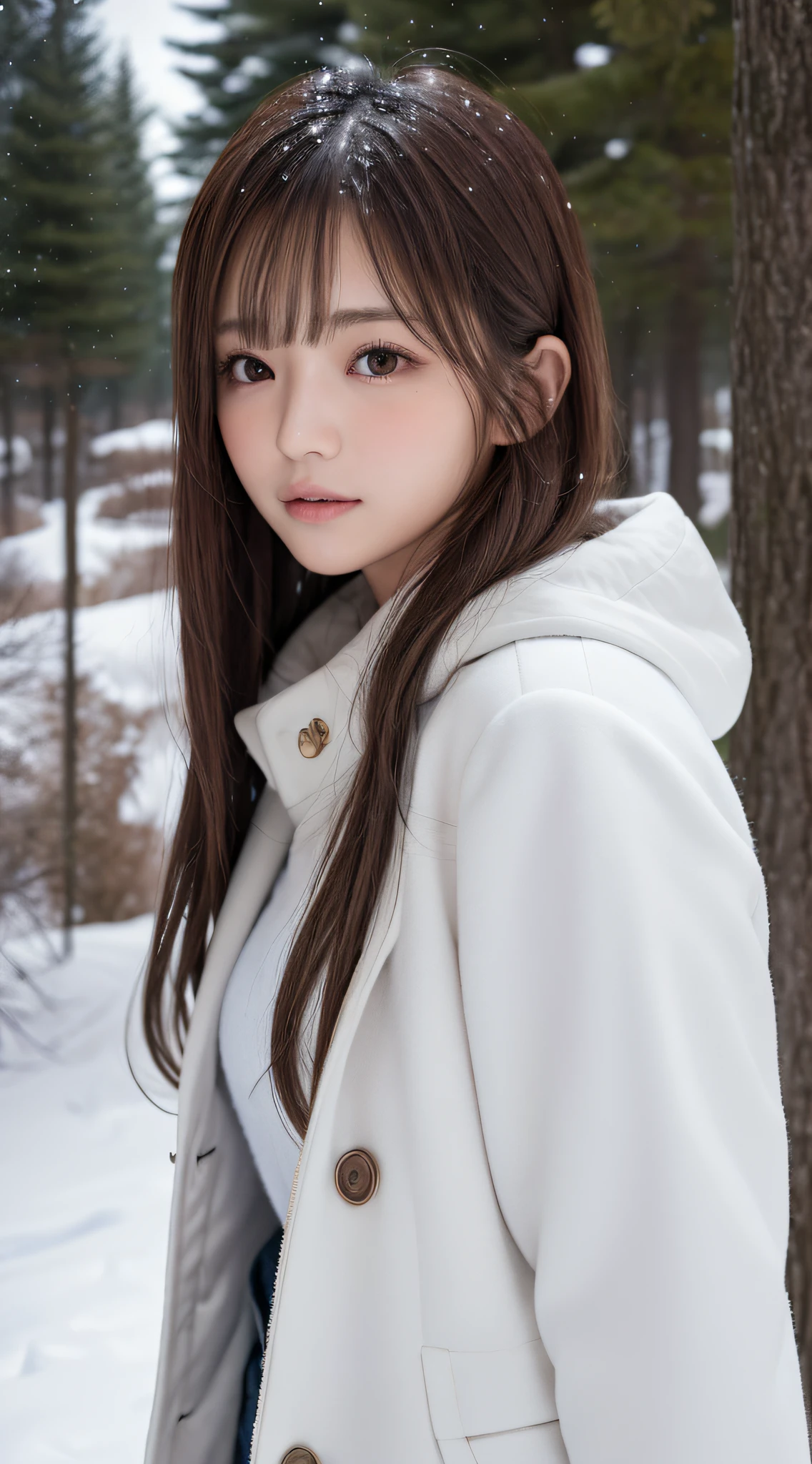 1womanl, up of face, light brown hair, Blunt bangs, hair behind ear, hair over shoulder, Long hair, slender body shape, Ultra Fine Face, Thin face, Delicate lips, Beautiful eyes, thin blush, eyes are light brown,View here, Ultra-thin hands, Ultra-fine fingers, best ratio four finger and one thumb, (realisitic:1.3), white longcoat, muffler , gloves、Coniferous forest with heavy snowfall, It's snowing .One-person viewpoint, 8K, masutepiece, nffsw, Super Detail, High quality, Best Quality, hight resolution,