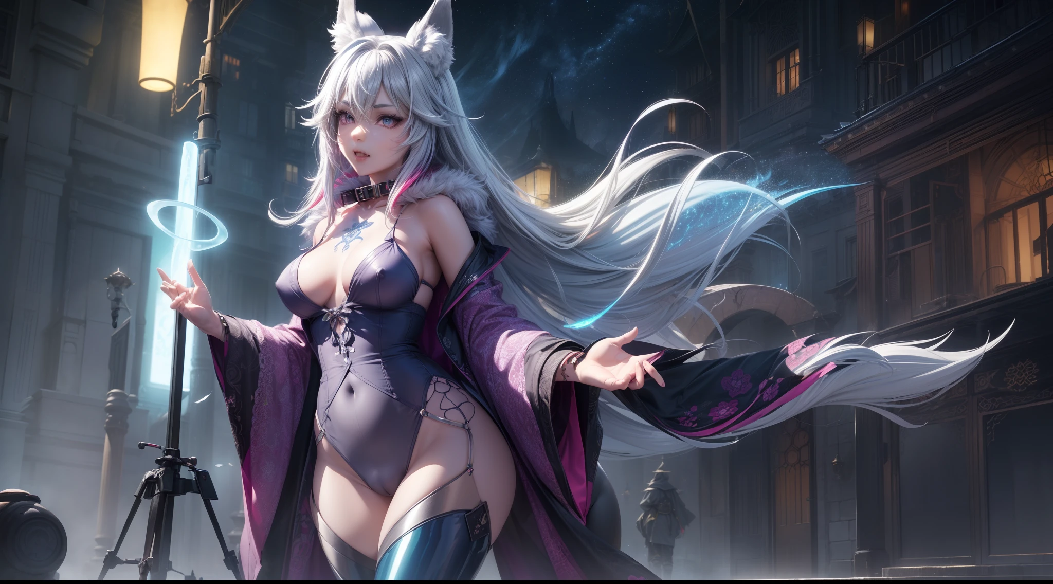 spiritual blue fire fluffy fox girl, (fluffy fox ears, fluffy fox tail), (spirit, spiritual:1.4), (blue fire:1.5), 1girl, perfect and well designed glowing shiny eyes, (beautiful detailed eyes:1.05), natural breasts, slim body, beautiful and delicate cute face, (face detail), ((realistic face)), pores, ((pale grey skin)), detailed skin, realistic skin, (((bioluminescence))), ((shiny skin)), (fangs:1.5), (multicolored gradation skin), (monster girl:1.25), (fur body:1.4), human face, medium length hair, hair voluminous, (((((multicolored gradation hair))))), super high resolution, 8k, parameters Best quality, (masterpiece:1.4), (magic accessories:1.4), bracelets, extremely detailed thick tight ({nylon|lycra}:1.5) pastel bright ((dark blue, (blue:0.4), silver:1.3), (pink, purple:0.75)) ornate ({((dress shirt with stand-up collar:1.6), (vest:1.2))|(kimono:1.5)}, (kimono coat:1.2), (tight pants:1.5)), (standing nipples under cloth:1.3), (cameltoe:1.6), (ornaments on clothing:1.5), (neckline:1.3), (cleavage:0.5), decolette, navel, Young Girl, Little Beast, (Smile:0.7), (pale Skin:1.4), ((tattoos all over body, Tribal tattoos all over legs)), ultra detailed, photorealistic, ((Real image)), (best quality:1.4), super high resolution, (Realistic 2.0), More details, (((1girl))), roads, roofs, city, buildings, futuristic, {fantasy|cyberpunk}, technologies, (beautiful and aesthetic:1.2), (fractal art:1.4), (cinematic light:1.1), (DUTCH ANGLE:1.3), 16K, HDR, RTX, Ray Tracing, Radiosity, Anisotropic Filtering, Subsurface Scattering, (((magic lights))), metallic reflections, Detailed, Realistic, 4k highly detailed digital art, (cool_color), extremely detailed CG unity 8k wallpaper, vibrant colors, (((seductive pose)))