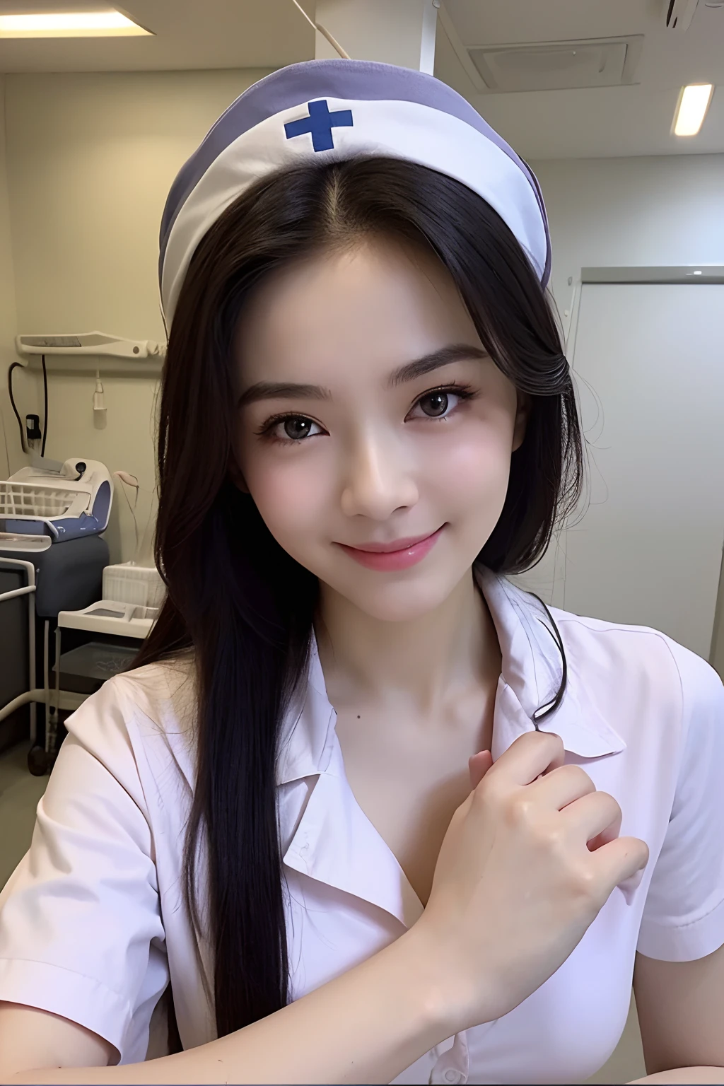 (extra detailed body、extra detailed face、best qualtiy:1.2)、femele、looking at the viewers、(Cosplay、nurse、a smile)、(Hospital room in the background:1.4)