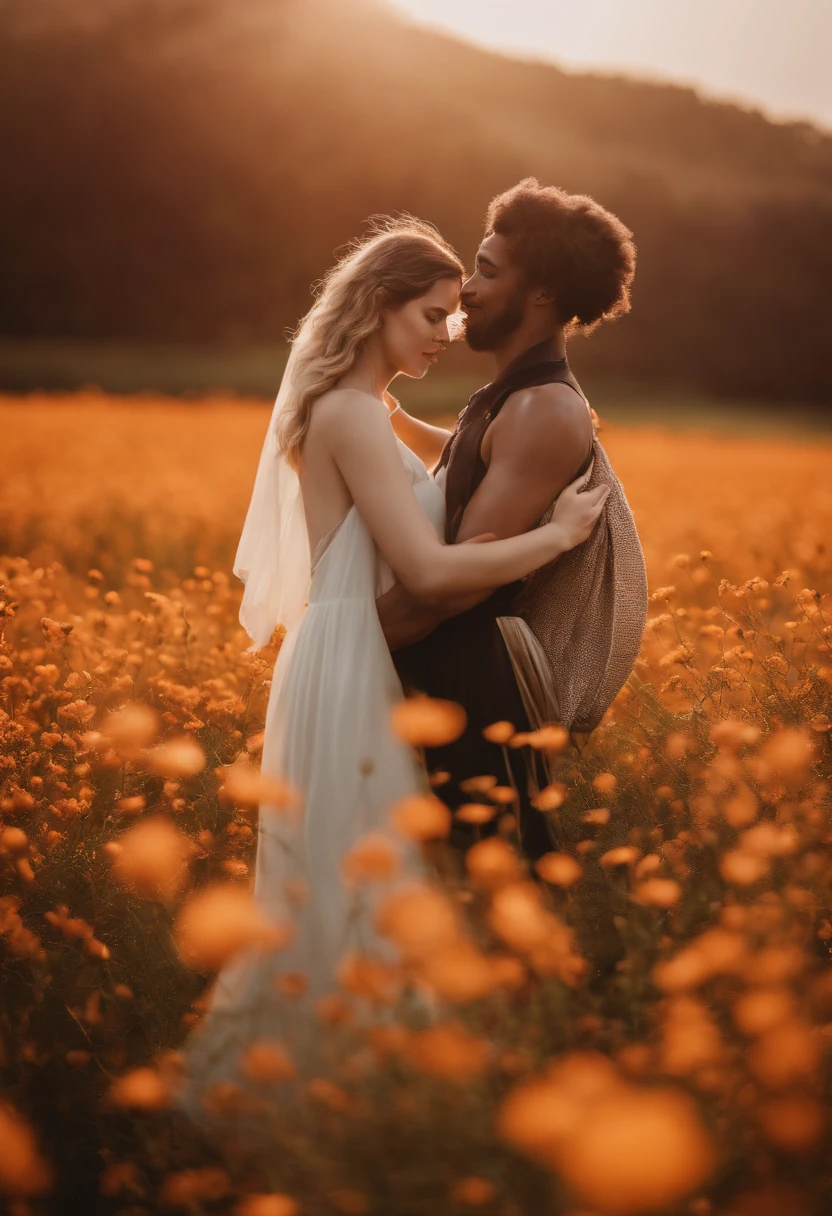 one man and one woman posing together, surrounded by a field of flowers, in a canon-photography style, 50 mm, no watermark, realistic photograph, looking at camera