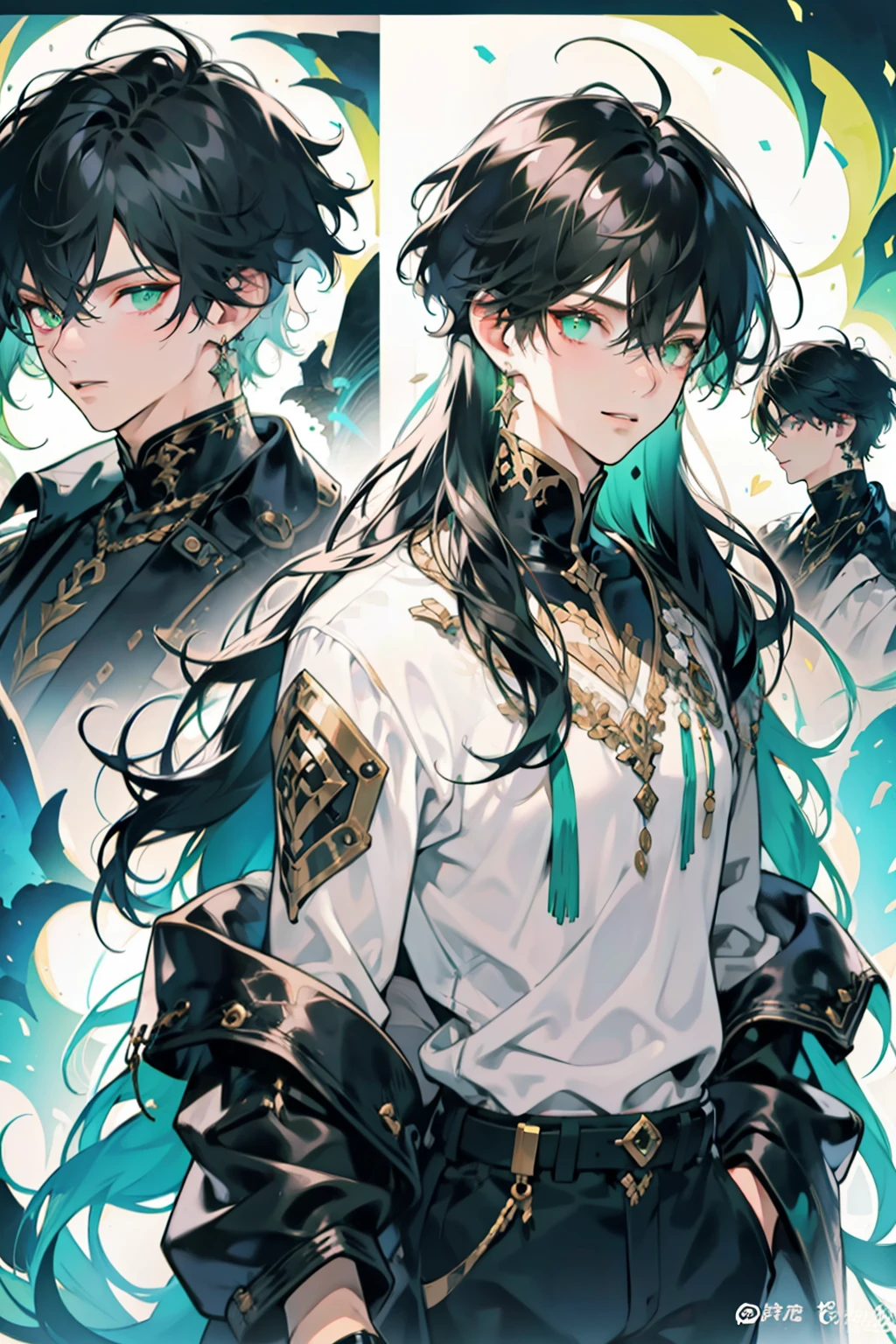 (black-haired,green-eyed,sexy,royalty,bad boy,white skin,high quality,very detailed,detailed face),(portraits),vivid colors,moody lighting, ropa: Para la parte superior una camisetas 'de estilo 'bandeau'. Estos se combinan con pantalones ciclistas, tracksuit (es decir, muy anchos).