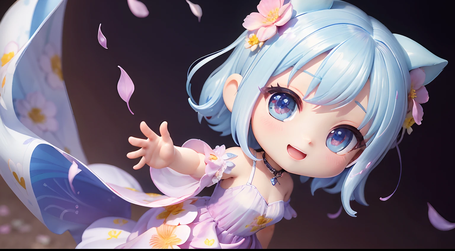 photoRealstic、1 Humanoid(nendroid)、Open mouth and big smile、watercolor Nendoroid、(High Definition Figure)、Flowing iridescent silk、Floral dress、Casually add a heart shape to a photo、There are also flowers in front of the nendroids、flower petals、Please make photos with the shape of the heart in mind