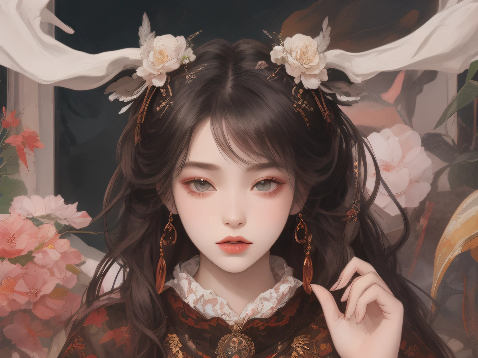 Best quality、tmasterpiece、A high resolution、1girll、Porcelain turtleneck dress、Exquisite clothing、Delicate hair accessories、Fine Necklace、detailed jewellery、pretty face、Physically、Tyndall effect、realisticlying、Shadow Studio、edge lit、bicolor lighting、(highdetailskin:1.2)、(flatchest,smallunderboob)、8K UHD、Digital SLR、softlighting、high high quality、volumettic light、sneak shot、photore、A high resolution、4K、8K、The background is blurred out,