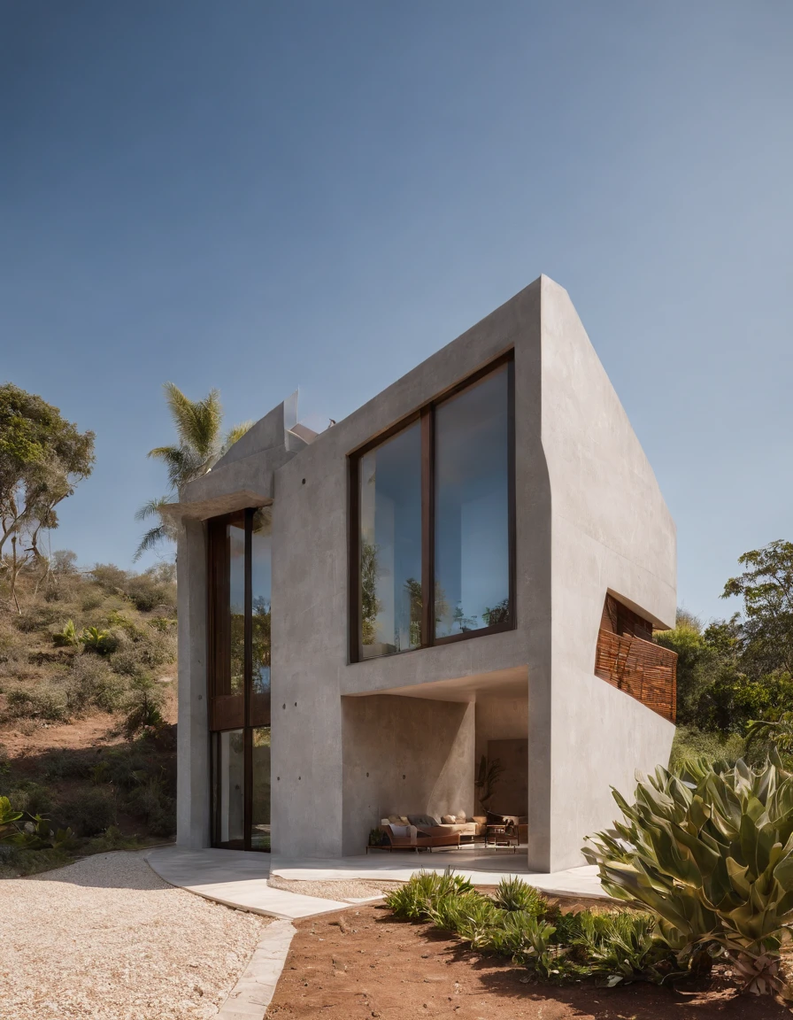 African symbols, casa um andar above collun de com15m2, com telhado estilo cabana alpina, with sustainable architecture with precast elements in steel structure with apparent irons, com a frente orientada pela fachada. moderno, Minimalist and organic design, with the work of bright bricks amaizing white and random gray degrade on the walls, com grandes janelas e portas pretas que permitem que a luz natural entre na casa e quintal com gramado exuberante lot arvores, sustentabilidade, tecnologia do futuro, architectural creativity, nova cultura, Self-sufficiency, The golden ratio, a beautiful building in the middle of the image, um fundo desfocado, a building, espalhar, cores naturais, cores calmas, master part, arte, BETTER RESOLUTION, (muito detalhado)