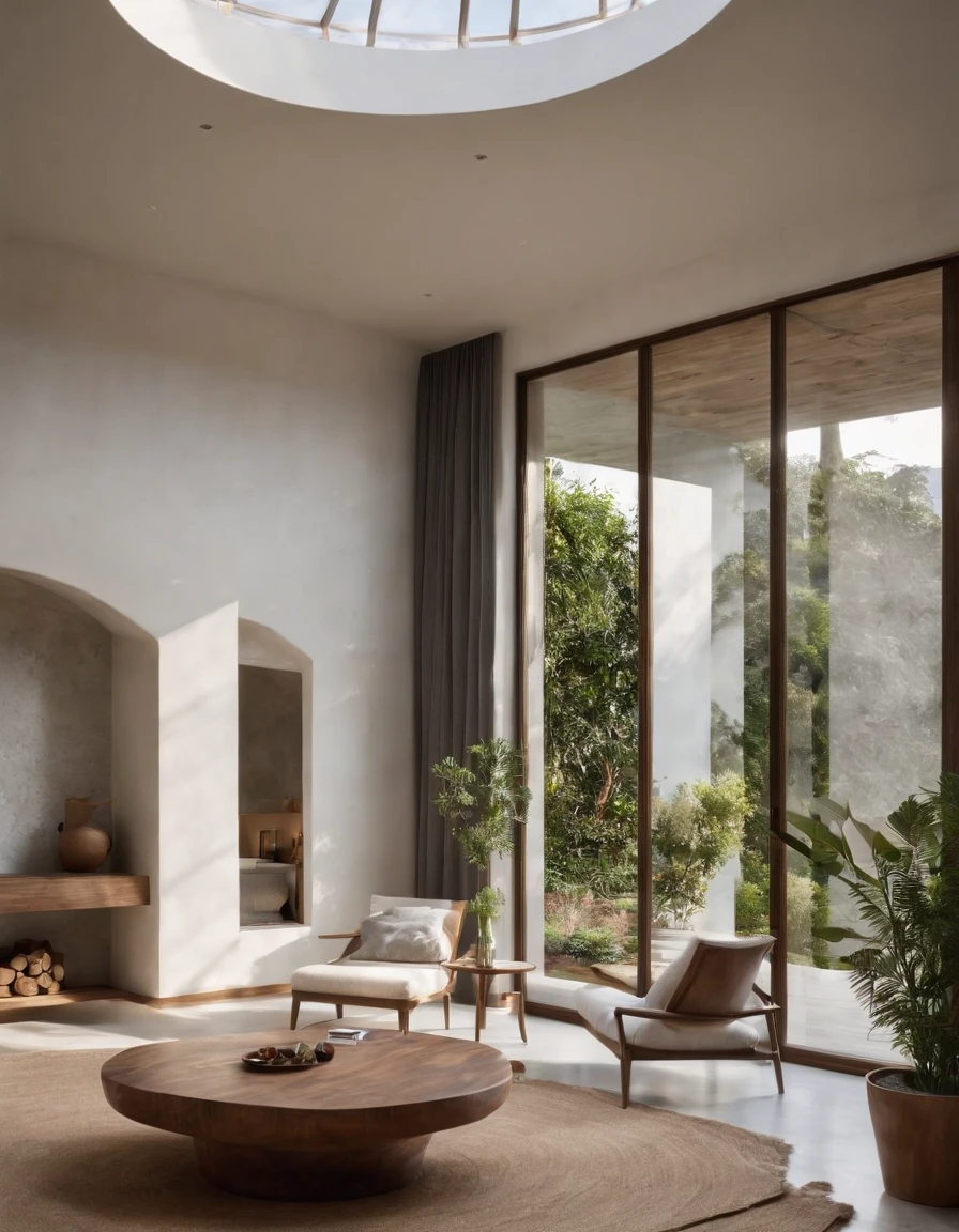 African symbols, casa um andar above collun de com15m2, com telhado estilo cabana alpina, with sustainable architecture with precast elements in steel structure with apparent irons, com a frente orientada pela fachada. moderno, Minimalist and organic design, with the work of bright bricks amaizing white and random gray degrade on the walls, com grandes janelas e portas pretas que permitem que a luz natural entre na casa e quintal com gramado exuberante lot arvores, sustentabilidade, tecnologia do futuro, architectural creativity, nova cultura, Self-sufficiency, The golden ratio, a beautiful building in the middle of the image, um fundo desfocado, a building, espalhar, cores naturais, cores calmas, master part, arte, BETTER RESOLUTION, (muito detalhado)
