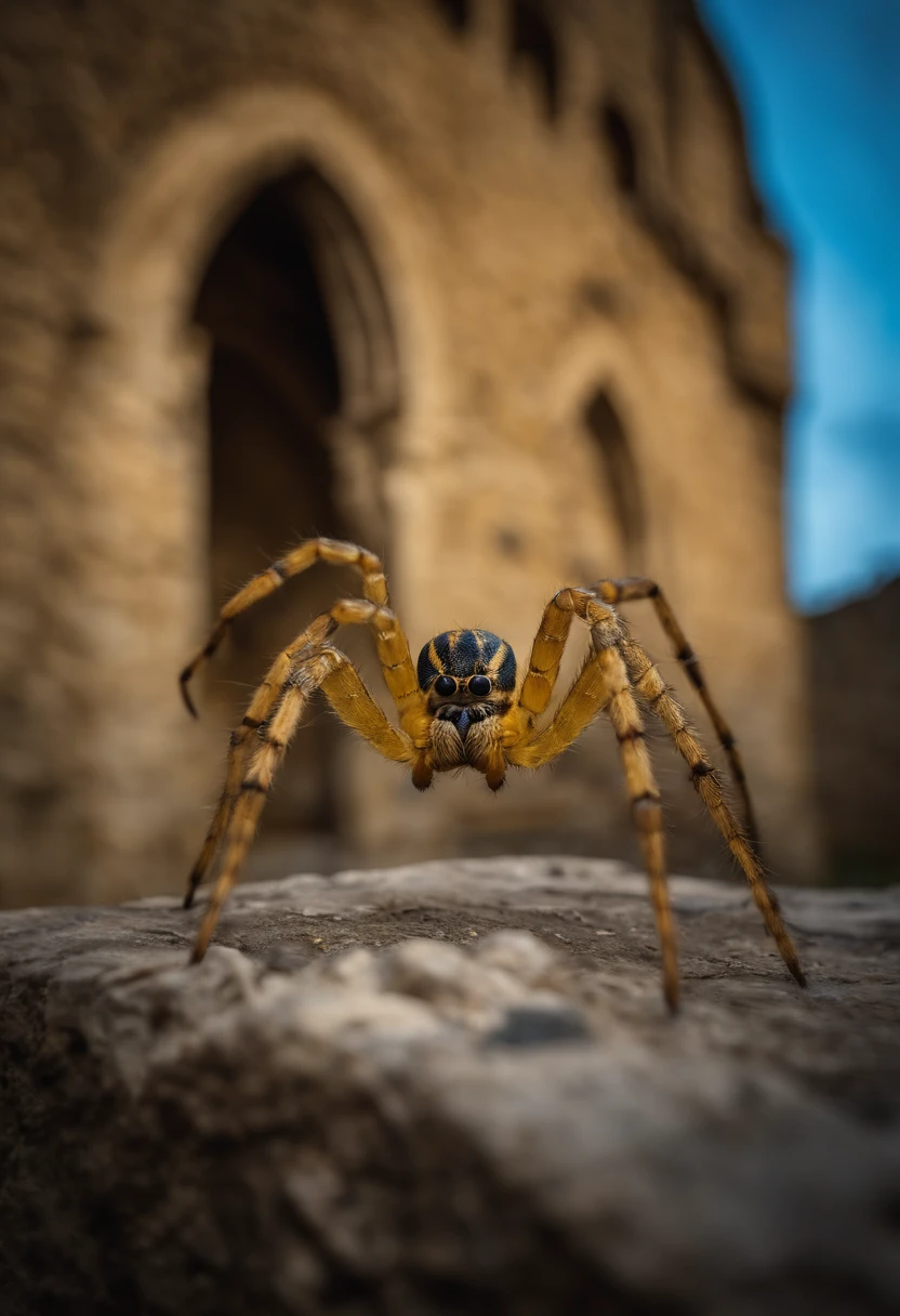 A giant yellow spider with blue stripes in a medieval setting of a ruined castle, noite roxa