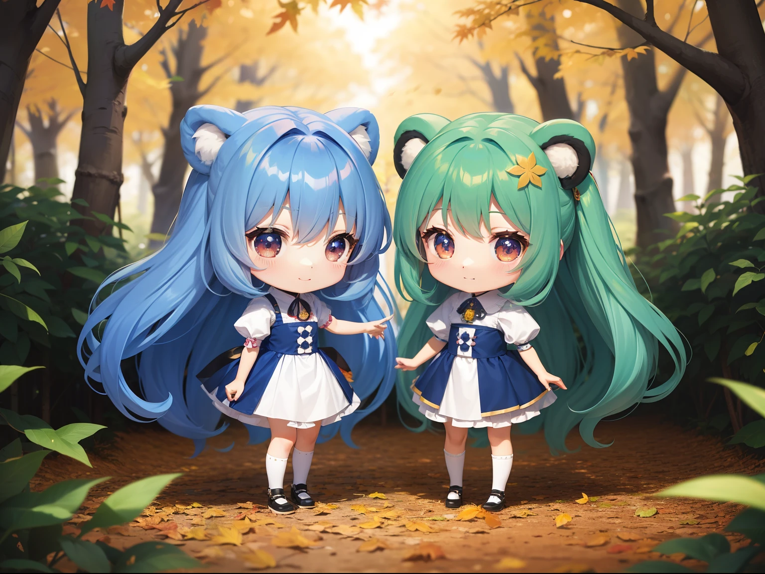 Chibichara long hair with blue hair((Chibi Chara))、Fluffy、girl with、Chibi Chara、full body Esbian、Pastel colors hair、masutepiece、top-quality、In the forest of autumn leaves、Cute bears are also with us。