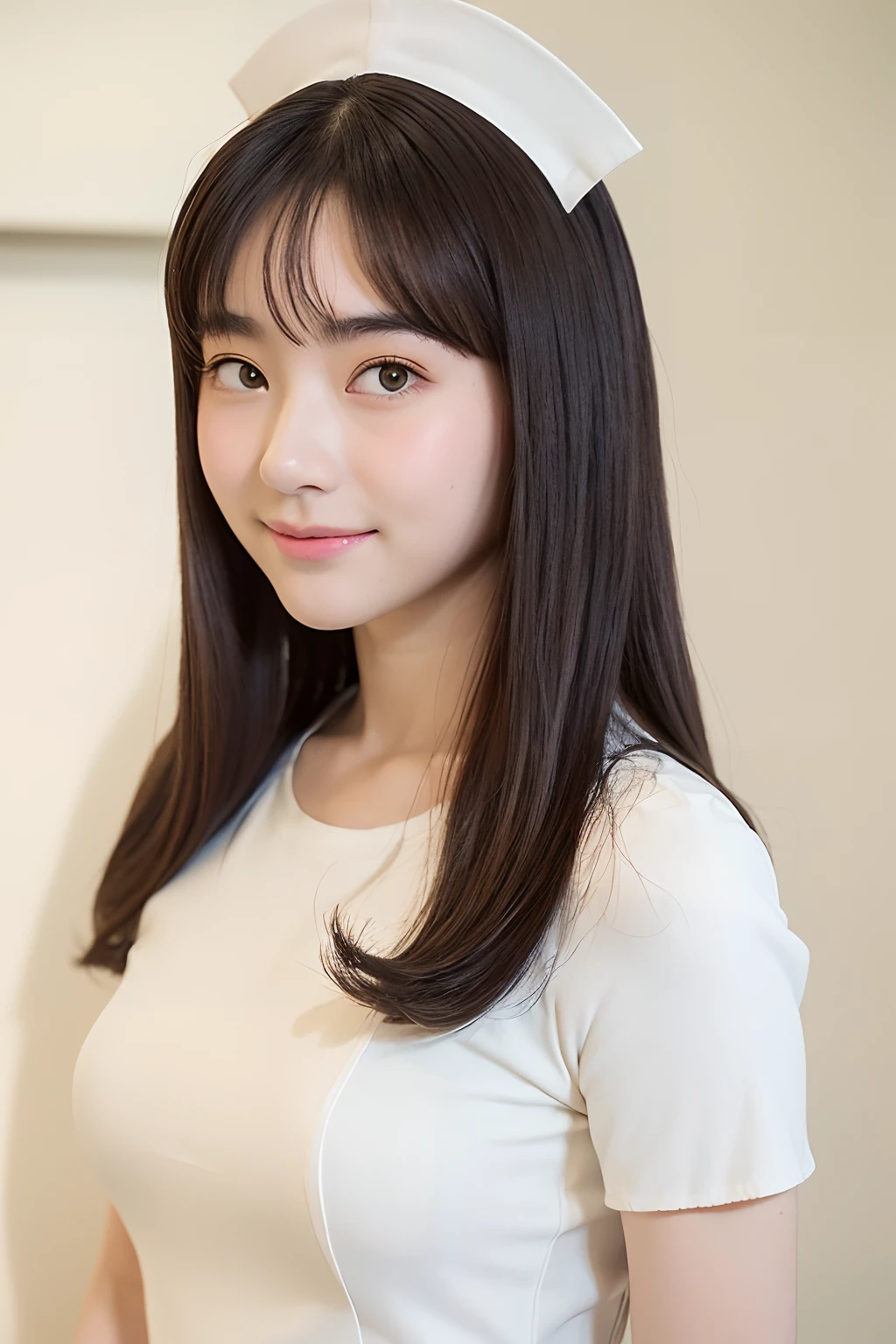 (extra detailed body、extra detailed face、best qualtiy:1.2)、femele、looking at the viewers、(Cosplay Nurse、sixteen years old、Soft smile)、(Ivory wall on background:1.4)
