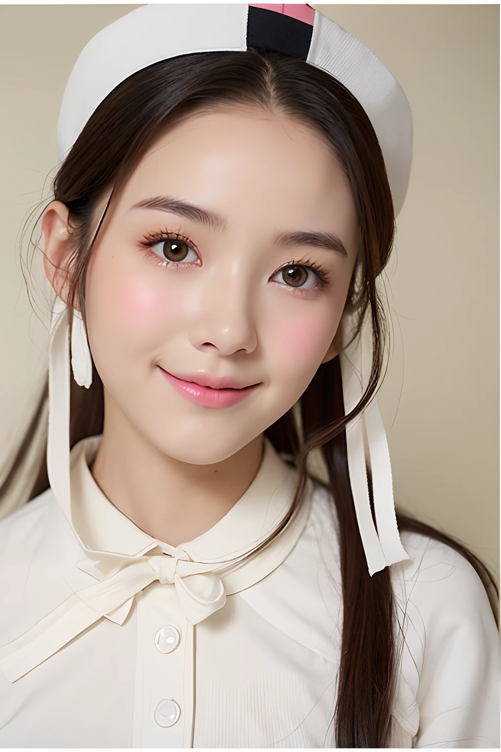 (extra detailed body、extra detailed face、best qualtiy:1.2)、femele、looking at the viewers、(Cosplay Nurse、sixteen years old、Soft smile)、(Ivory wall on background:1.4)
