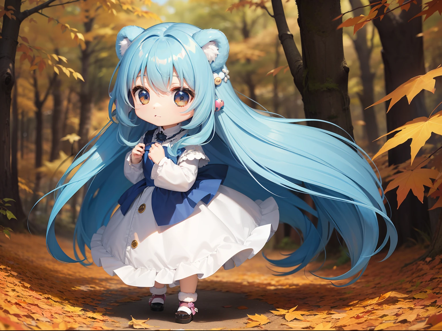 Chibichara long hair with blue hair((Chibi Chara))、Fluffy、girl with、Chibi Chara、full body Esbian、Pastel colors hair、masutepiece、top-quality、In the forest of autumn leaves、Cute bears are also with us。