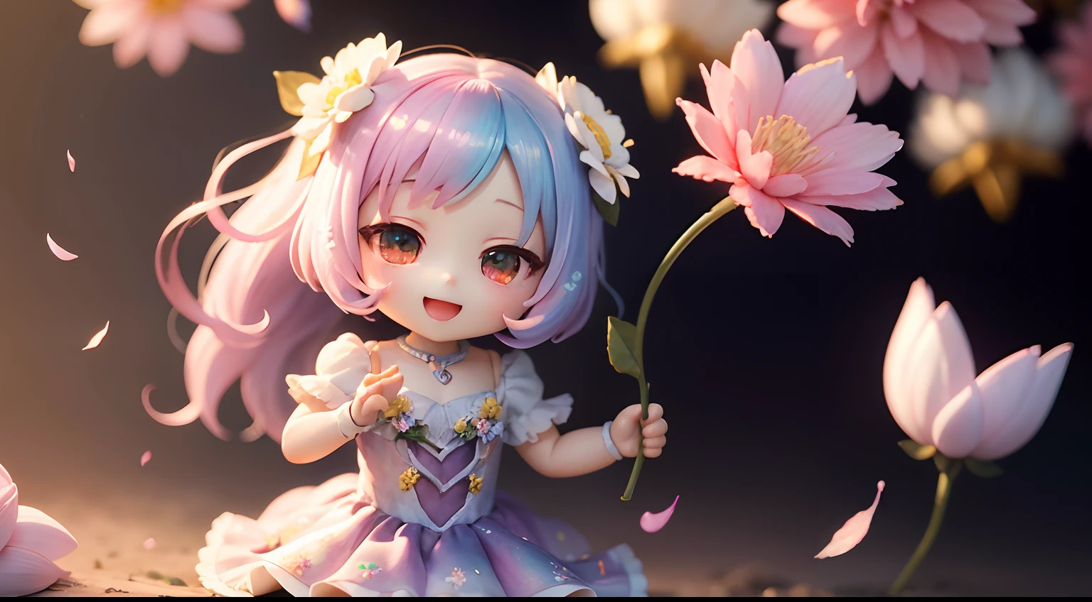 photoRealstic、1 Humanoid（nendroid）、Open mouth and big smile、watercolor Nendoroid、(High Definition Figure)、Flowing iridescent silk、Floral dress、Subtly add a heart shape to a photo、There are also flowers in front of the nendroids、flower petals、Please take a photo with the heart shape in mind