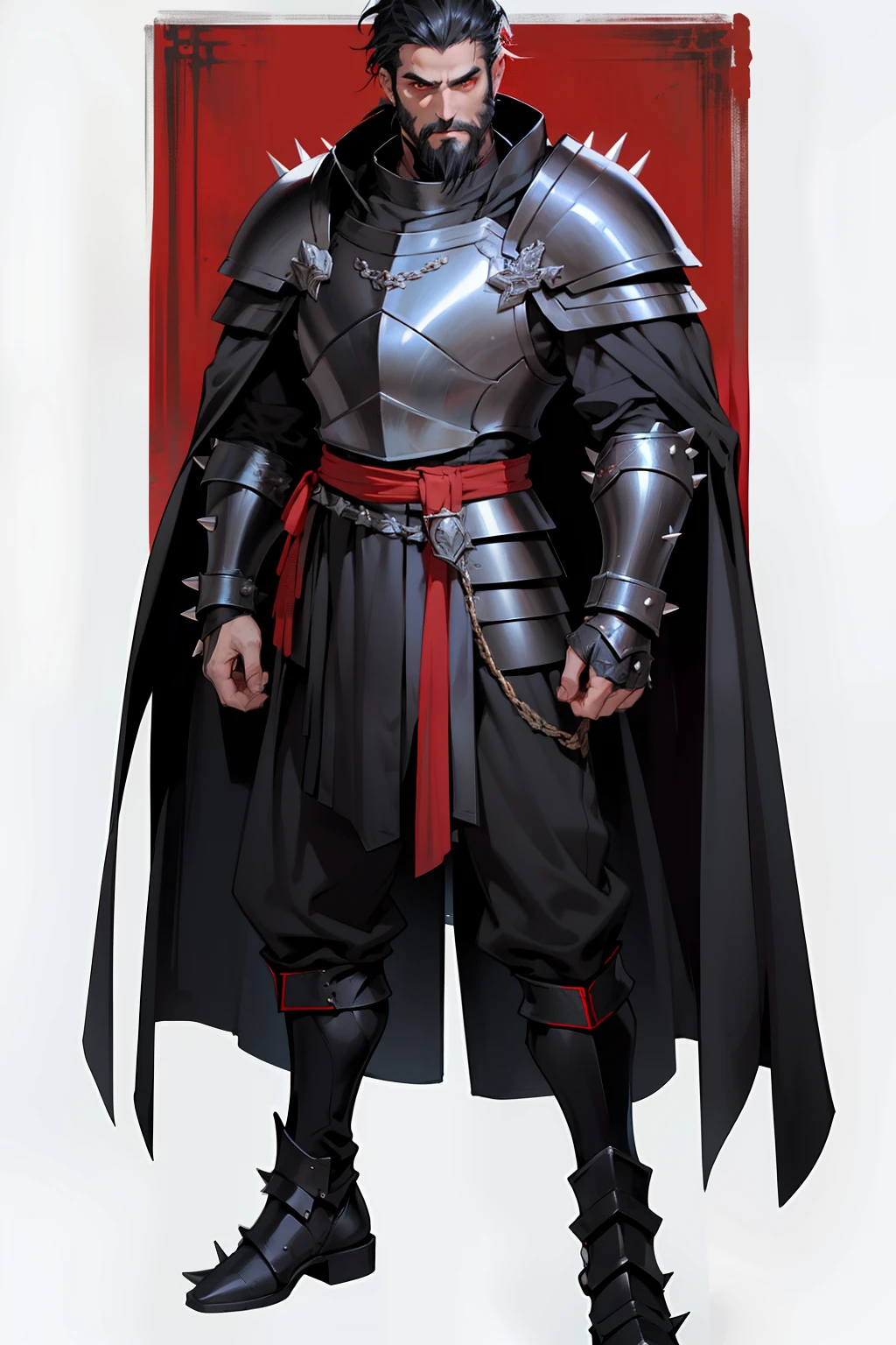 mature man, short black hair, long messy black beard, piercing red eyes, knight-general style clothing, wearing massive black chest armor, wearing black armor shoulders with spikes, wearing black armor gauntels, wearing black armor pants, wearing black armor boots, long red cape behind his back, standing tall, full body