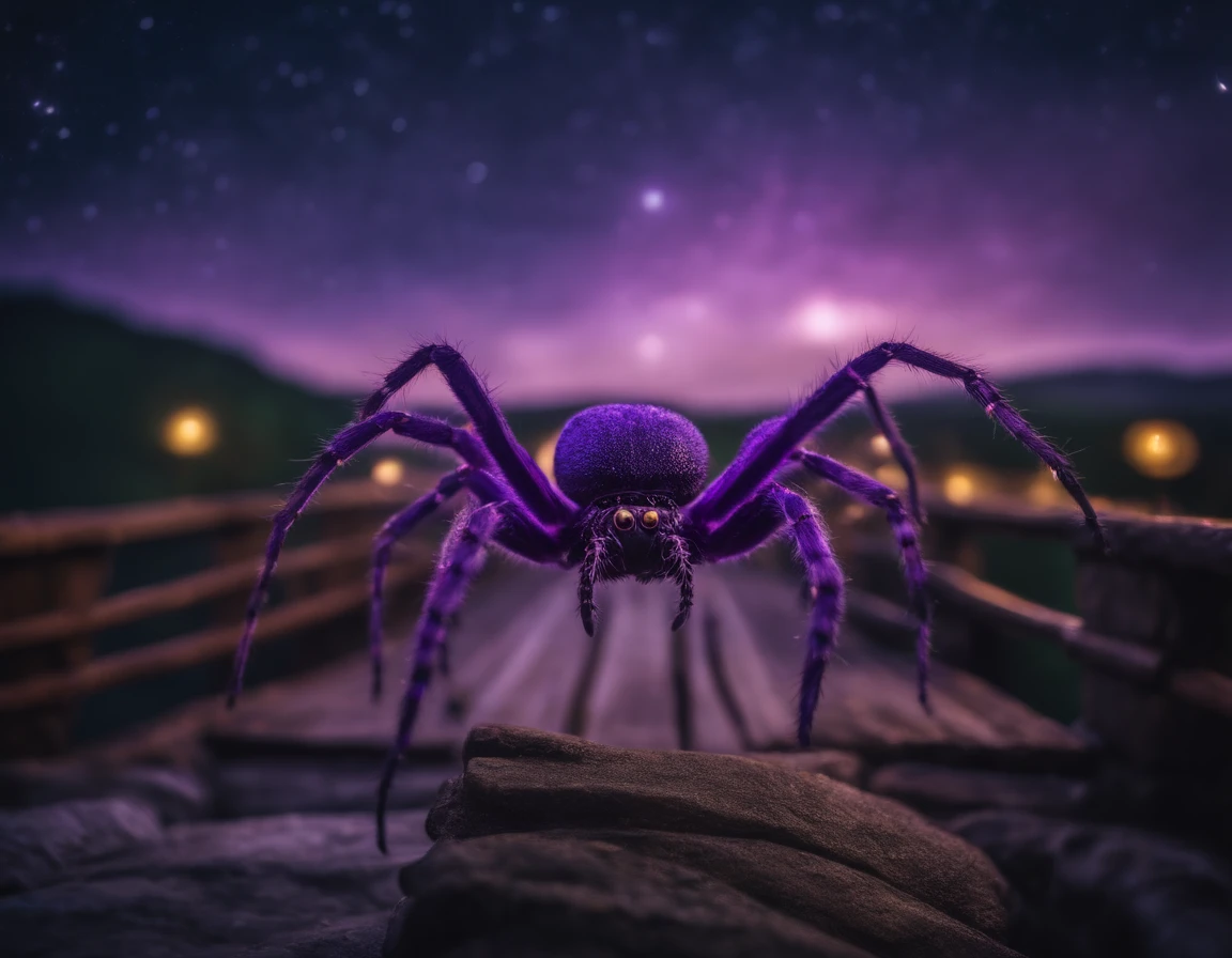 A giant purple spider on a medieval bridge at night with starry purple sky