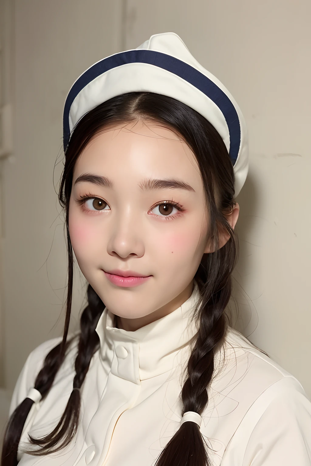 (extra detailed body、extra detailed face、best qualtiy:1.2)、femele、looking at the viewers、(Cosplay Nurse、sixteen years old、Soft smile)、(Ivory wall on background:1.4)