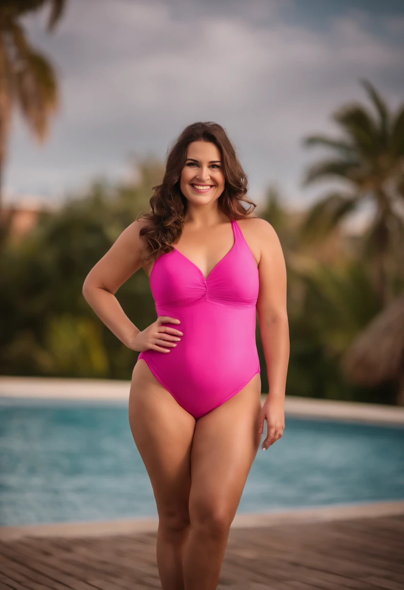 Overweight 30 year old brunette, pink swimsuit, swimsuit photo shoot, photo shoot, sexy perfect smile, Big thighs, chubby, fat, sexy , realistic image, high resolution, 4k