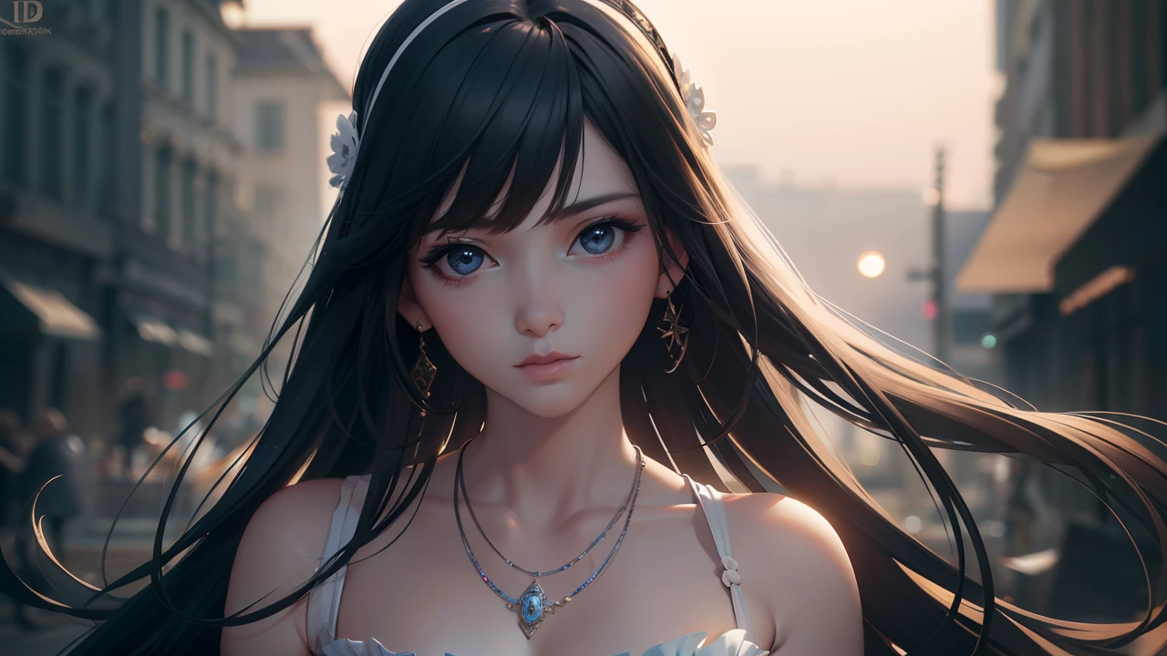 Best Quality, masutepiece, High resolution, 1girl in, Porcelain dress, Hair Accessories, Necklace, Jewelry, Beautiful face, On the body, Tindall Effect, Realistic, Dark Studio, Edge lighting, Two-tone lighting, (High Detail Skin: 1.2), 8K UHD, Digital SLR, Soft light, High quality, Volumetric Lights, Candid, Photo, High resolution, 4K, 8K, Background blur,