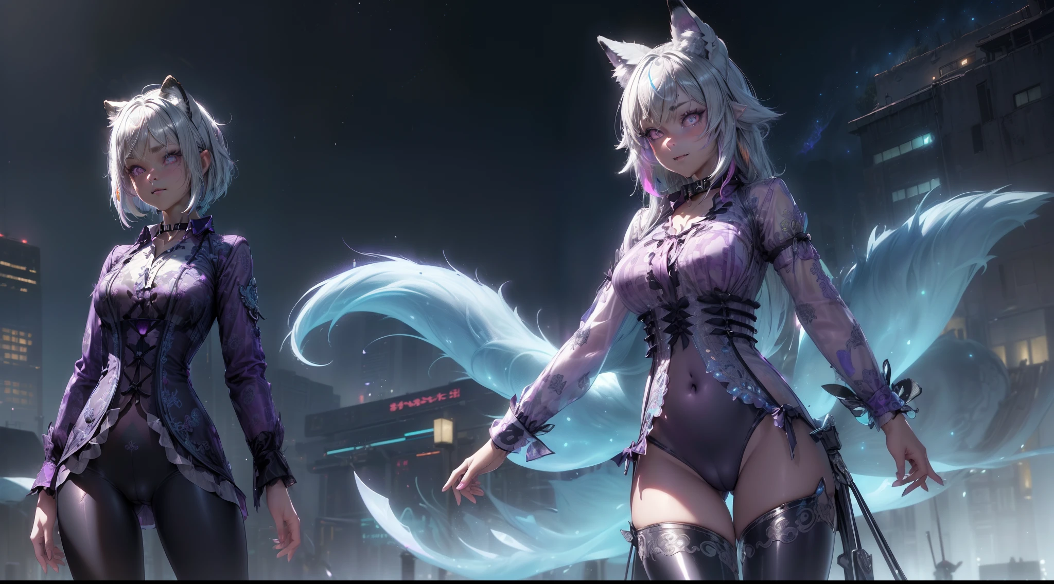 spiritual blue fire fluffy fox girl, (fluffy fox ears, fluffy fox tail), (spirit, spiritual:1.4), (blue fire:1.5), 1girl, perfect and well designed glowing shiny eyes, (beautiful detailed eyes:1.05), natural breasts, slim body, beautiful and delicate cute face, (face detail), ((realistic face)), pores, ((pale grey skin)), detailed skin, realistic skin, (((bioluminescence))), ((shiny skin)), (fangs:1.5), (multicolored gradation skin), (monster girl:1.25), (fur body:1.4), human face, medium length hair, hair voluminous, (((((multicolored gradation hair))))), super high resolution, 8k, parameters Best quality, (masterpiece:1.4), (magic accessories:1.4), bracelets, extremely detailed thick tight ({nylon|lycra}:1.5) pastel bright ((dark blue, (blue:0.4), silver:1.3), (pink, purple:0.75)) ornate ({((dress shirt with stand-up collar:1.85), (vest:1.2))|(kimono:0.8)}, (kimono coat:1.2), (tight pants:1.5)), (standing nipples under cloth:1.3), (cameltoe:1.6), (ornaments on clothing:1.5), (neckline:1.3), (cleavage:0.5), decolette, navel, Young Girl, Little Beast, (Smile:0.7), (pale Skin:1.4), ((tattoos all over body, Tribal tattoos all over legs)), ultra detailed, photorealistic, ((Real image)), (best quality:1.4), super high resolution, (Realistic 2.0), More details, (((1girl))), roads, roofs, city, buildings, futuristic, {fantasy|cyberpunk}, technologies, (beautiful and aesthetic:1.2), (fractal art:1.4), (cinematic light:1.1), (DUTCH ANGLE:1.3), 16K, HDR, RTX, Ray Tracing, Radiosity, Anisotropic Filtering, Subsurface Scattering, (((magic lights))), metallic reflections, Detailed, Realistic, 4k highly detailed digital art, (cool_color), extremely detailed CG unity 8k wallpaper, vibrant colors, (((seductive pose)))