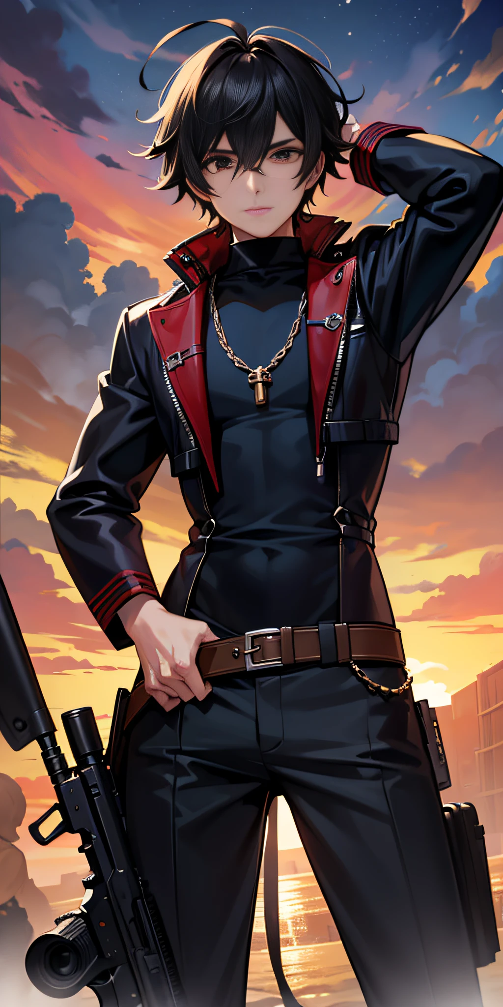 (masterpiece、top-quality)、Male VTuber、Fighting with a gun、male people、A dark-haired、ember