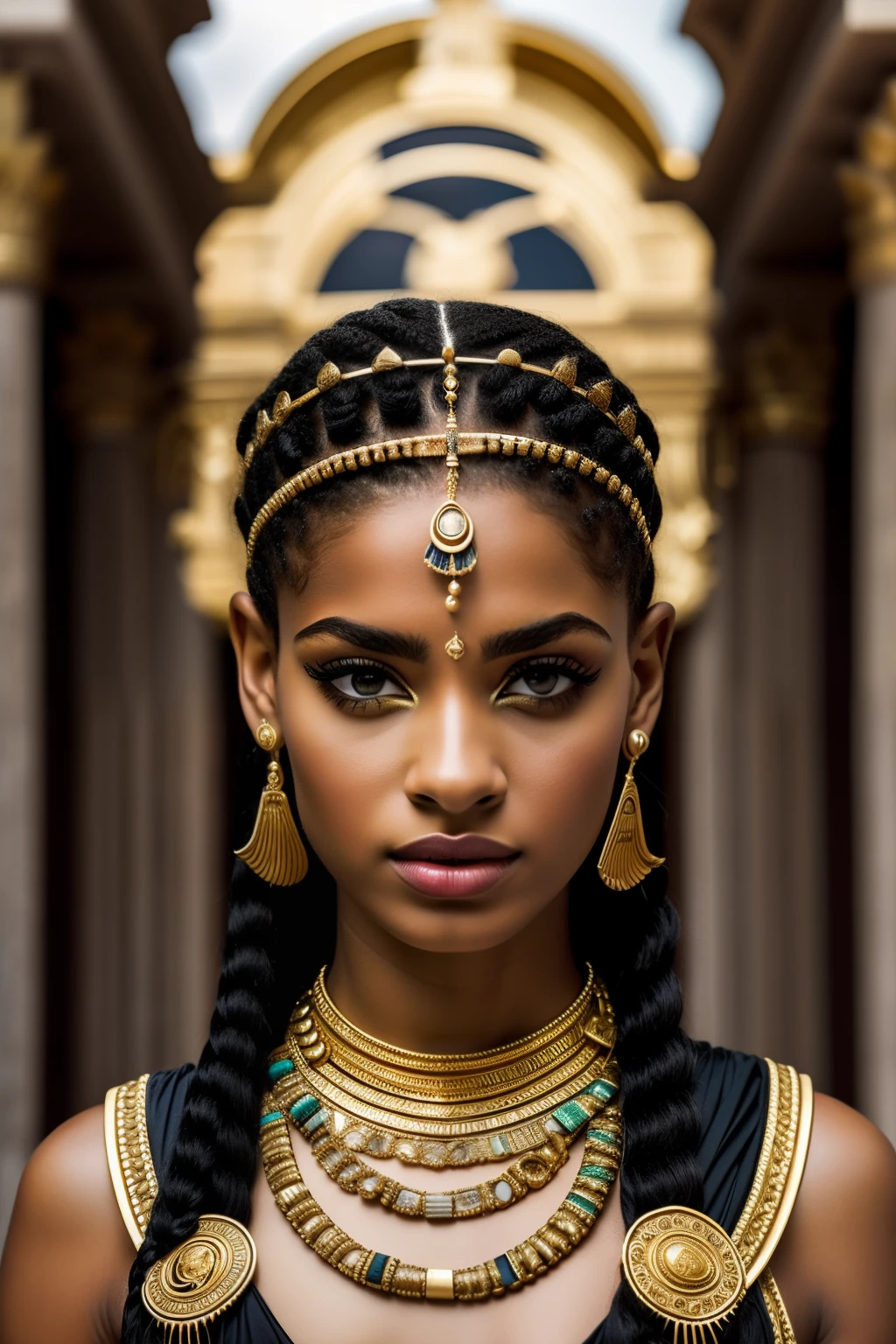 Cleopatra 7,Penteado grego,Roupas gregas,belos olhos detalhados,beautiful detailed lips,long eyelashes,postura graciosa,confident expression,vestido ricamente decorado,golden accessories,cocar elaborado,joias ornamentadas,cetro real,Palace in the background,Trono ricamente adornado,atmosfera serena,cores vibrantes,impressive lighting,fotorrealista,historical portrait of Cleopatra 7,master part:1.2
