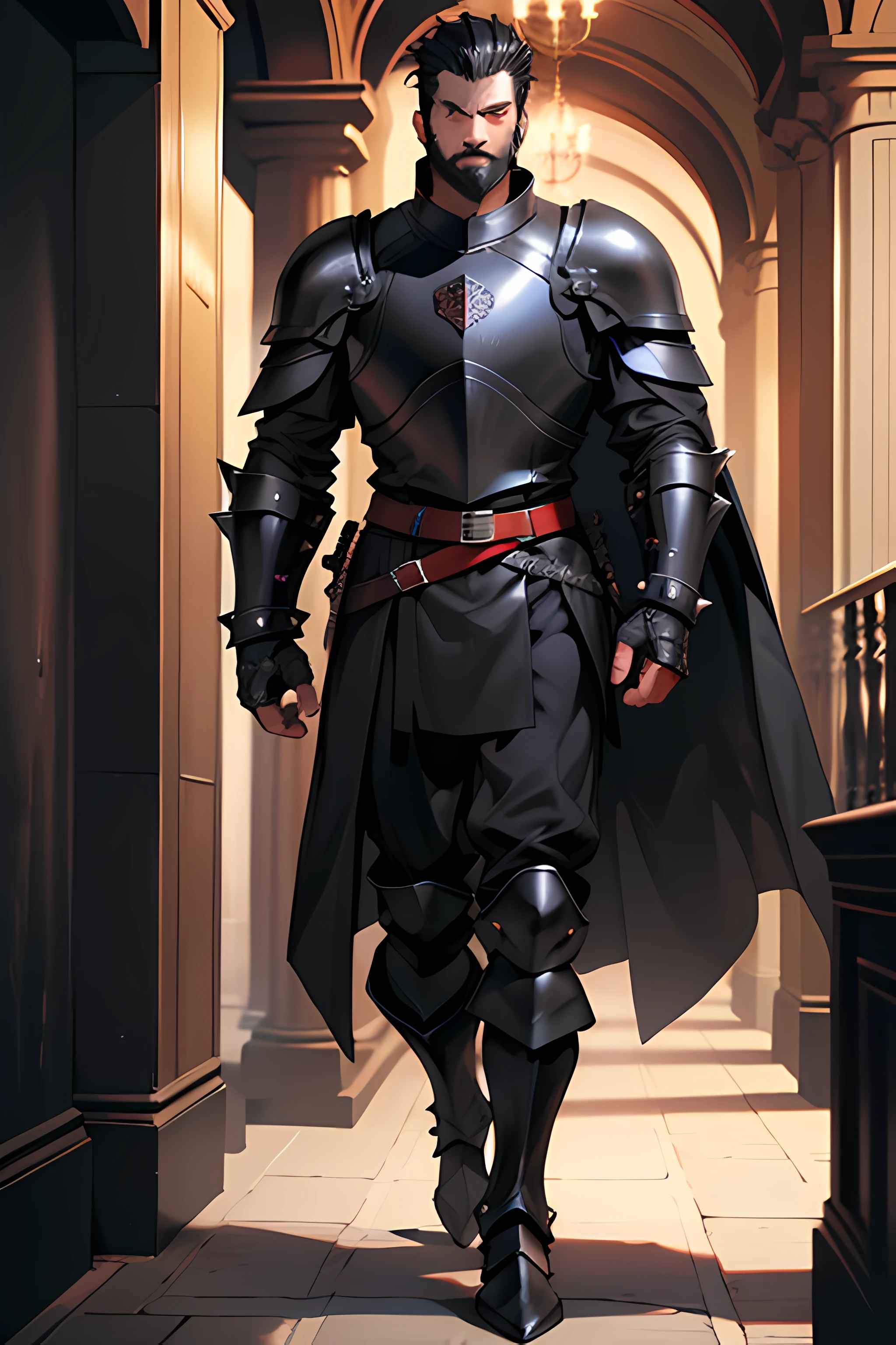 mature man, short black hair, long messy black beard, piercing red eyes, knight-general style clothing, wearing massive black chest armor, wearing black armor shoulders with spikes, wearing black armor gauntels, wearing black armor pants, wearing black armor boots, long red cape behind his back, standing tall in castle hallway, full body