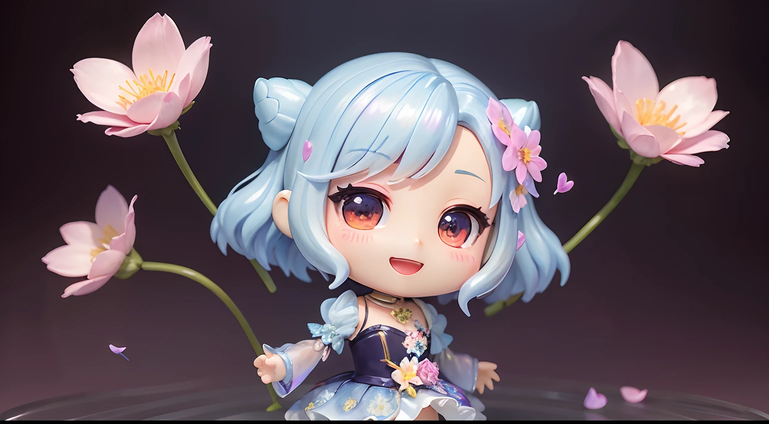 photoRealstic、1 Humanoid(nendroid)、Open mouth and big smile、watercolor Nendoroid、(High Definition Figure)、Flowing iridescent silk、Floral dress、Casually add a heart shape to a photo、There are also flowers in front of the nendroids、flower petals、Please take a photo with the heart shape in mind